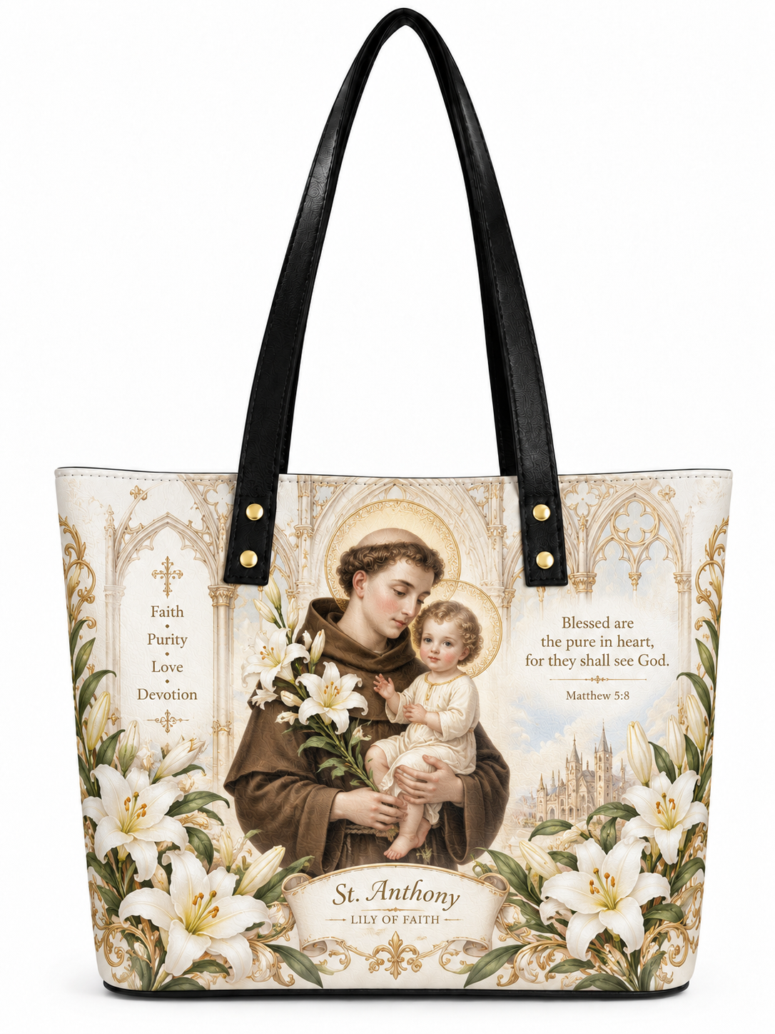 A tote bag featuring a religious illustration of St. Anthony holding a child, surrounded by white lilies and gold architectural details, with black shoulder straps and gold-tone hardware.