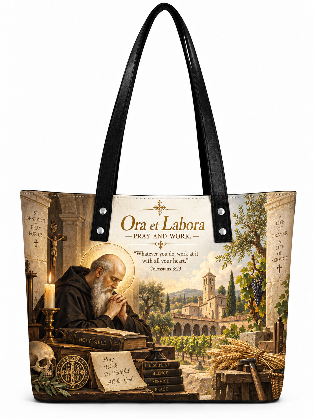 A tote bag with black handles and a detailed religious print featuring Saint Francis of Assisi, a basilica, books, and the text 'Ora et Labora'.
