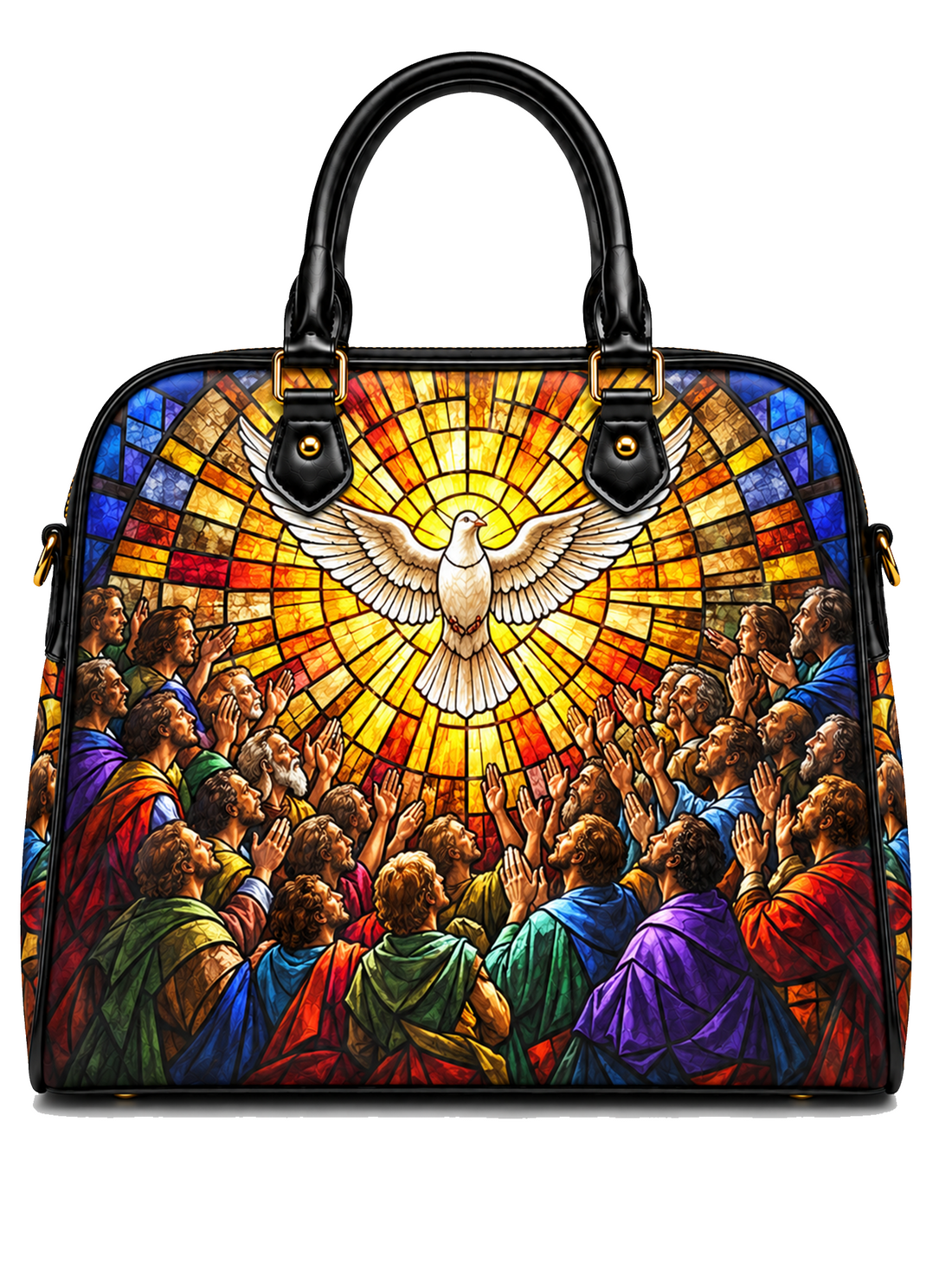 A structured black handbag with double top handles and gold-tone hardware, featuring a colorful stained-glass-style religious print of a dove above a crowd of people, shown on a plain white background.
