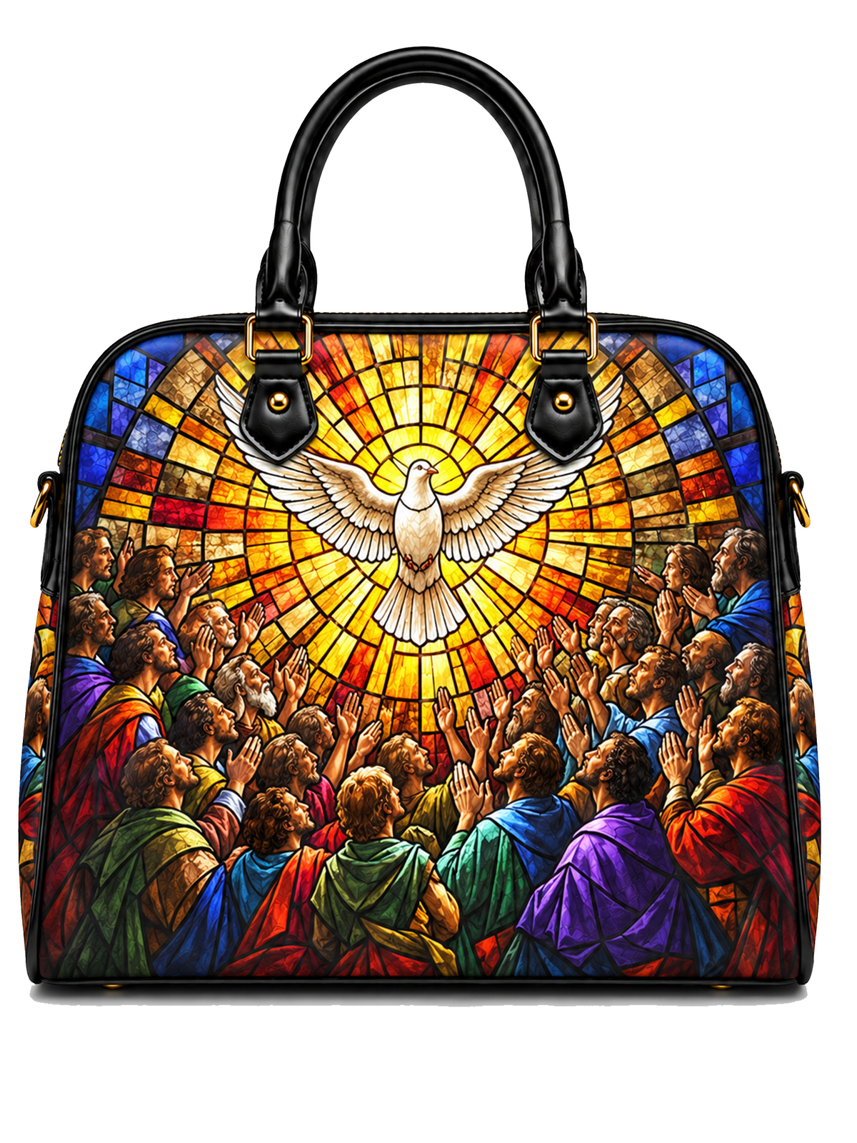 A structured black handbag with double top handles and gold-tone hardware, featuring a colorful stained-glass-style religious print of a dove above a crowd of people, shown on a plain white background.