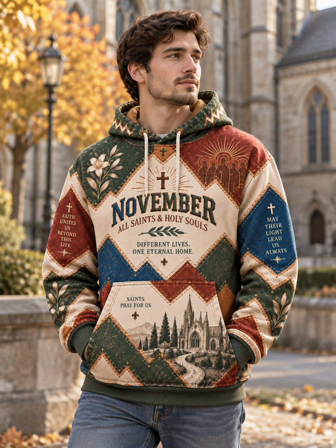 A man wearing a colorful, patterned pullover hoodie with religious text and imagery, standing outdoors in front of a stone building with autumn trees.