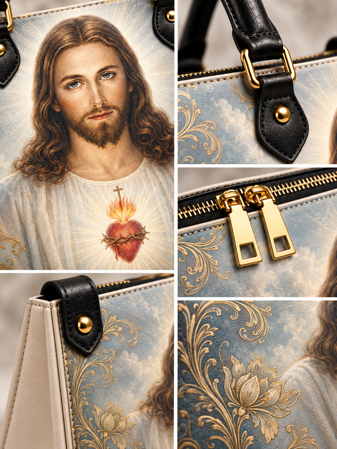 A collage showing a handbag with a religious portrait print of Jesus Christ, close-ups of black leather handles and gold-tone hardware, and detailed views of the blue-and-gold ornate floral pattern on the bag body.
