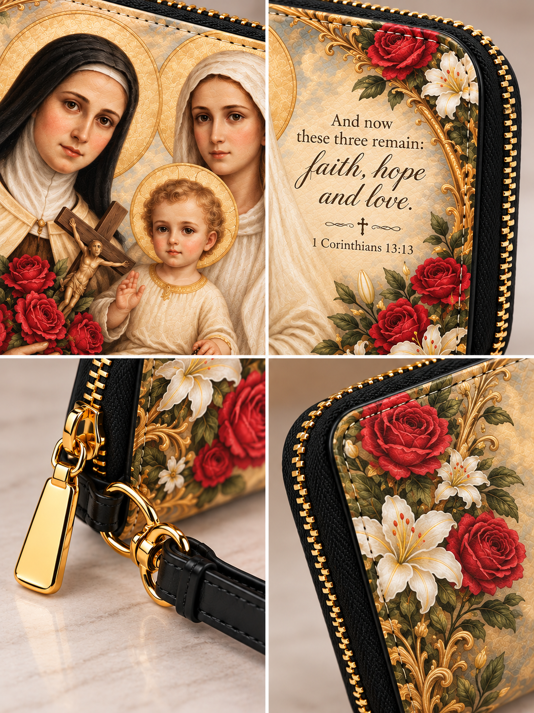 A collage showing a religious-themed zip wallet or pouch with a black leather strap and gold zipper. The top panels display printed artwork of the Virgin Mary, Saint Joseph, and the infant Jesus with red roses and gold halos, alongside a Bible verse.