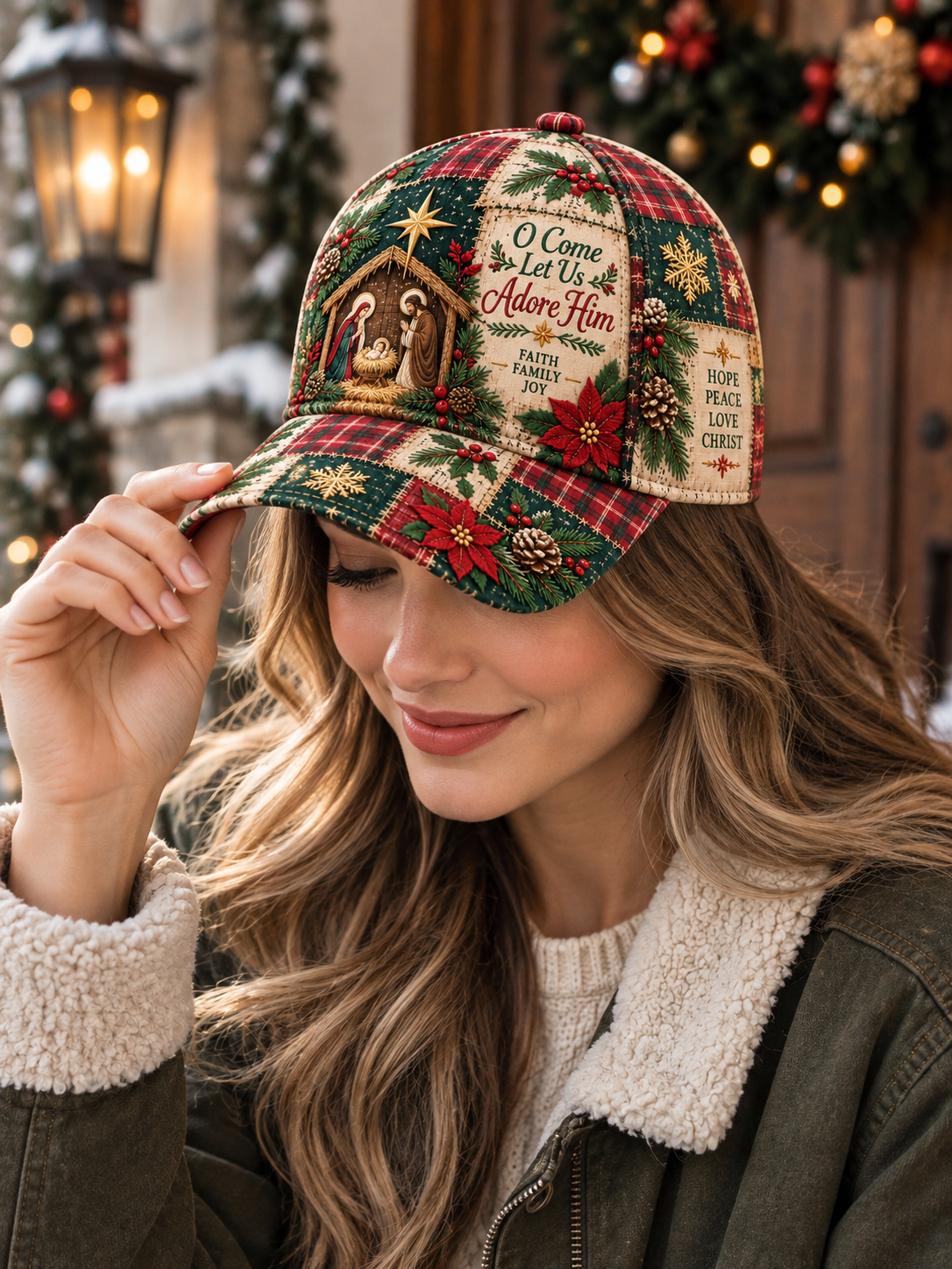 A Christmas-themed baseball cap featuring a patchwork design with red and green plaid, green pine trees, red poinsettias, snowflakes, and a nativity scene. The front panel includes the text 'O Come Let Us Adore Him' and 'Faith Family Joy'.
