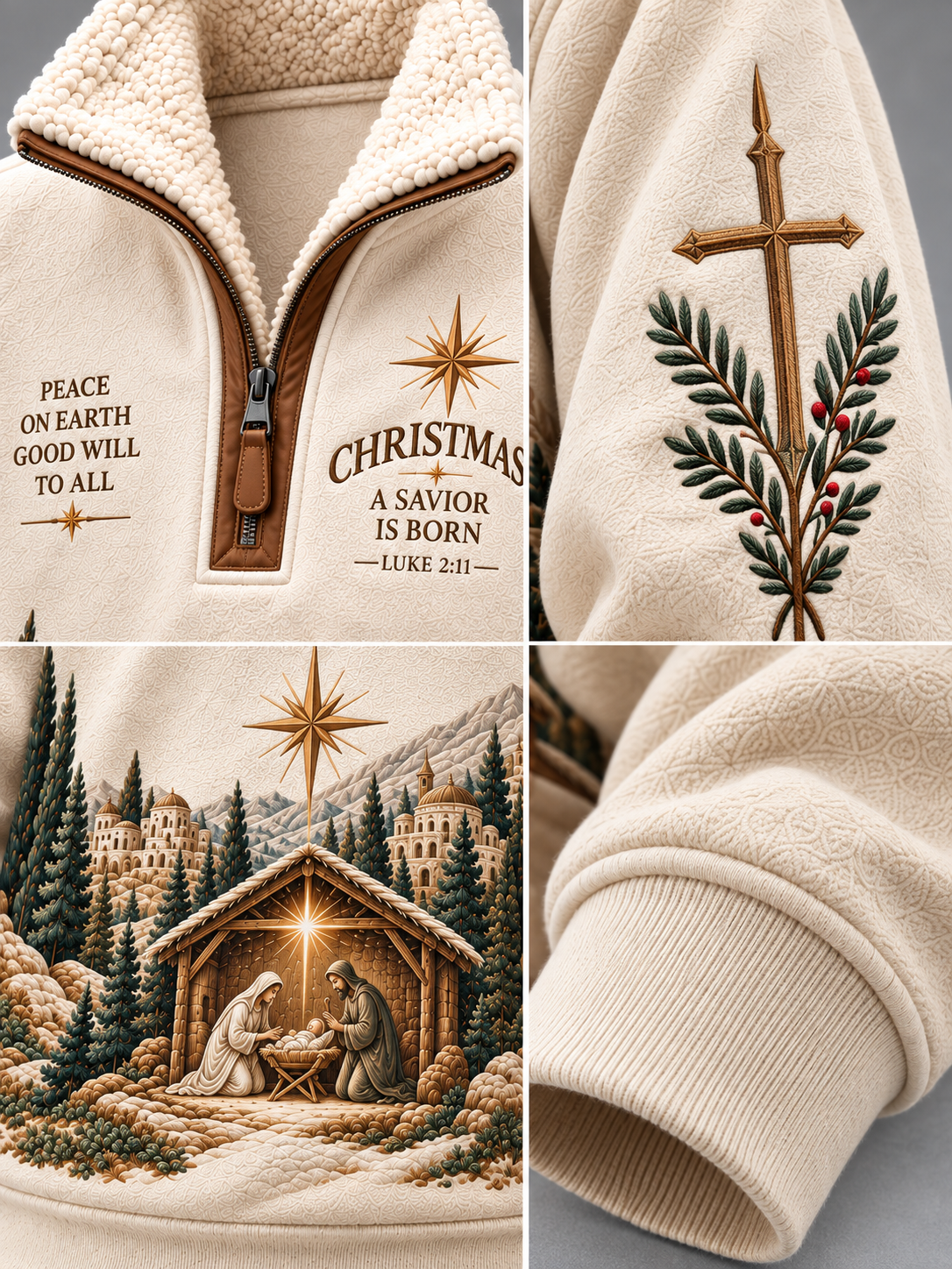 A cream fleece quarter-zip pullover shown in a four-panel collage, featuring Christmas-themed embroidery and artwork: text on the chest, a cross with evergreen branches on the sleeve, a nativity scene on the lower left panel, and a close-up of the ribbed cuff on the lower right panel.
