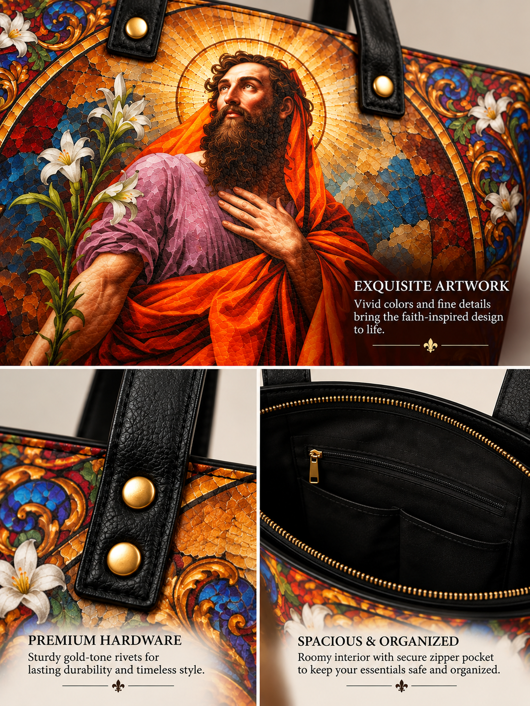 A collage showing a large tote bag with an ornate religious artwork print featuring a bearded figure in purple and orange robes, plus three detail panels highlighting hardware, exterior artwork, and the black interior zip pocket.