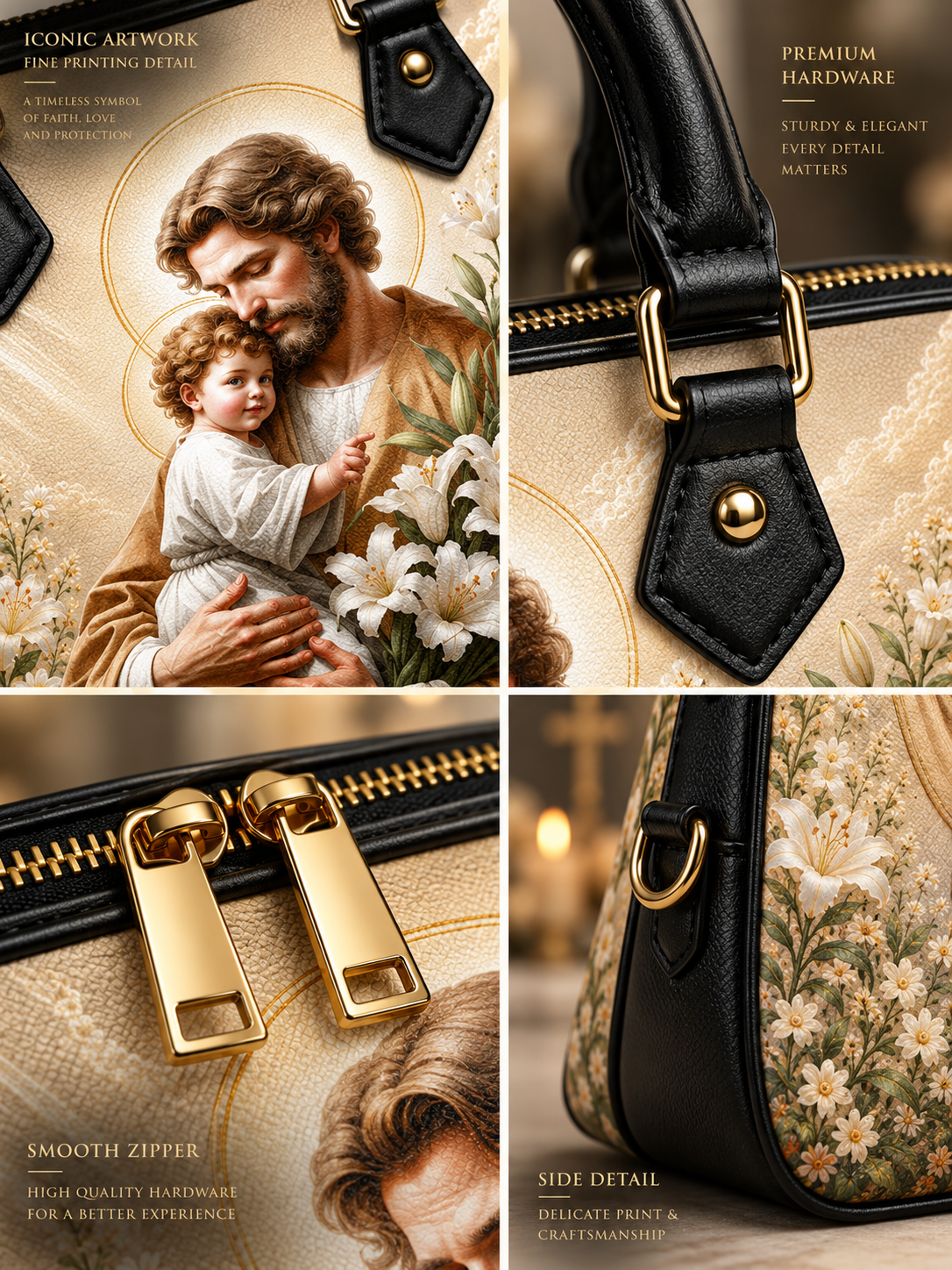 A four-panel collage showing details of a handbag: a printed artwork panel with a man holding a child, close-ups of black leather trim and gold hardware, a close-up of a gold zipper, and a side detail with a floral print. Text overlays describe premium hardware, smooth zipper, and side detail.