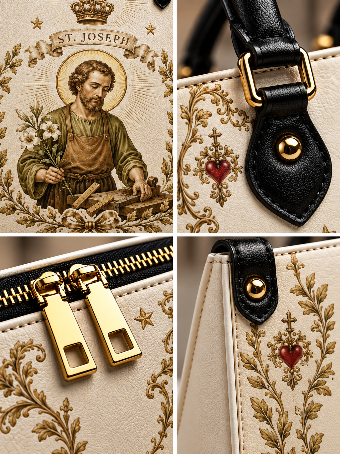 A beige leather handbag shown in a four-panel collage, featuring a printed illustration of St. Joseph, ornate gold baroque-style floral scrollwork, a small red heart motif, black leather trim, and gold-tone hardware including a zipper pull and strap rivet.