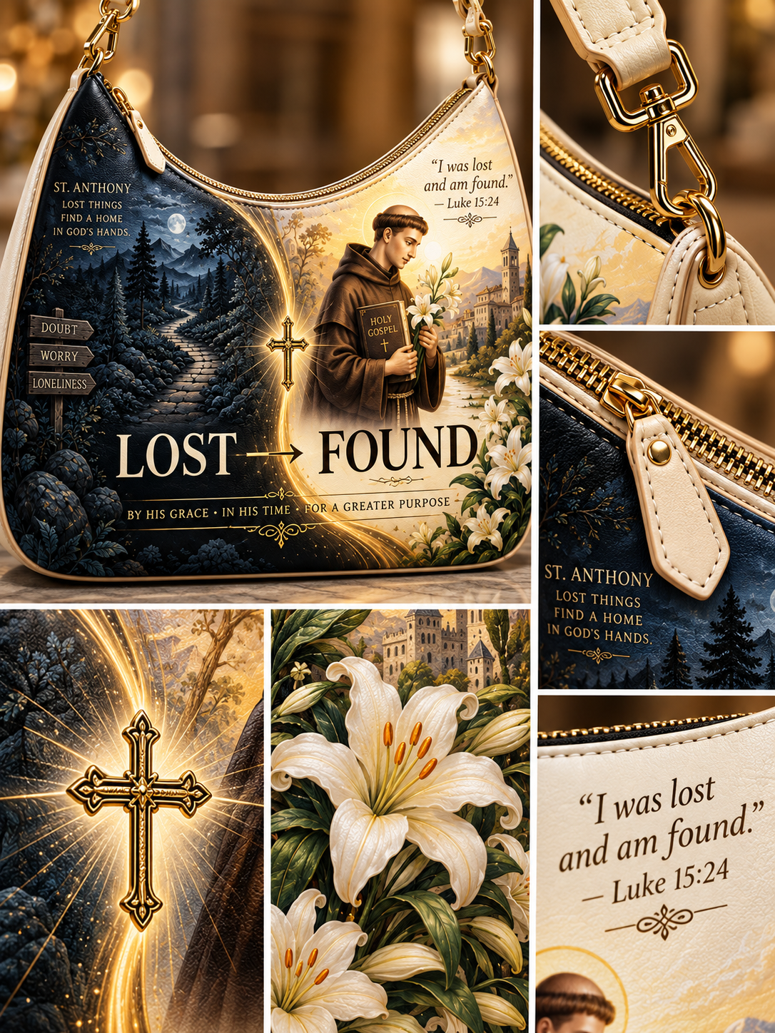 A collage showing a decorative shoulder bag from multiple angles, featuring a dark blue and gold religious design with a saint, a cross, lilies, and the text 'LOST FOUND' and 'I was lost and am found. Luke 15:24.
