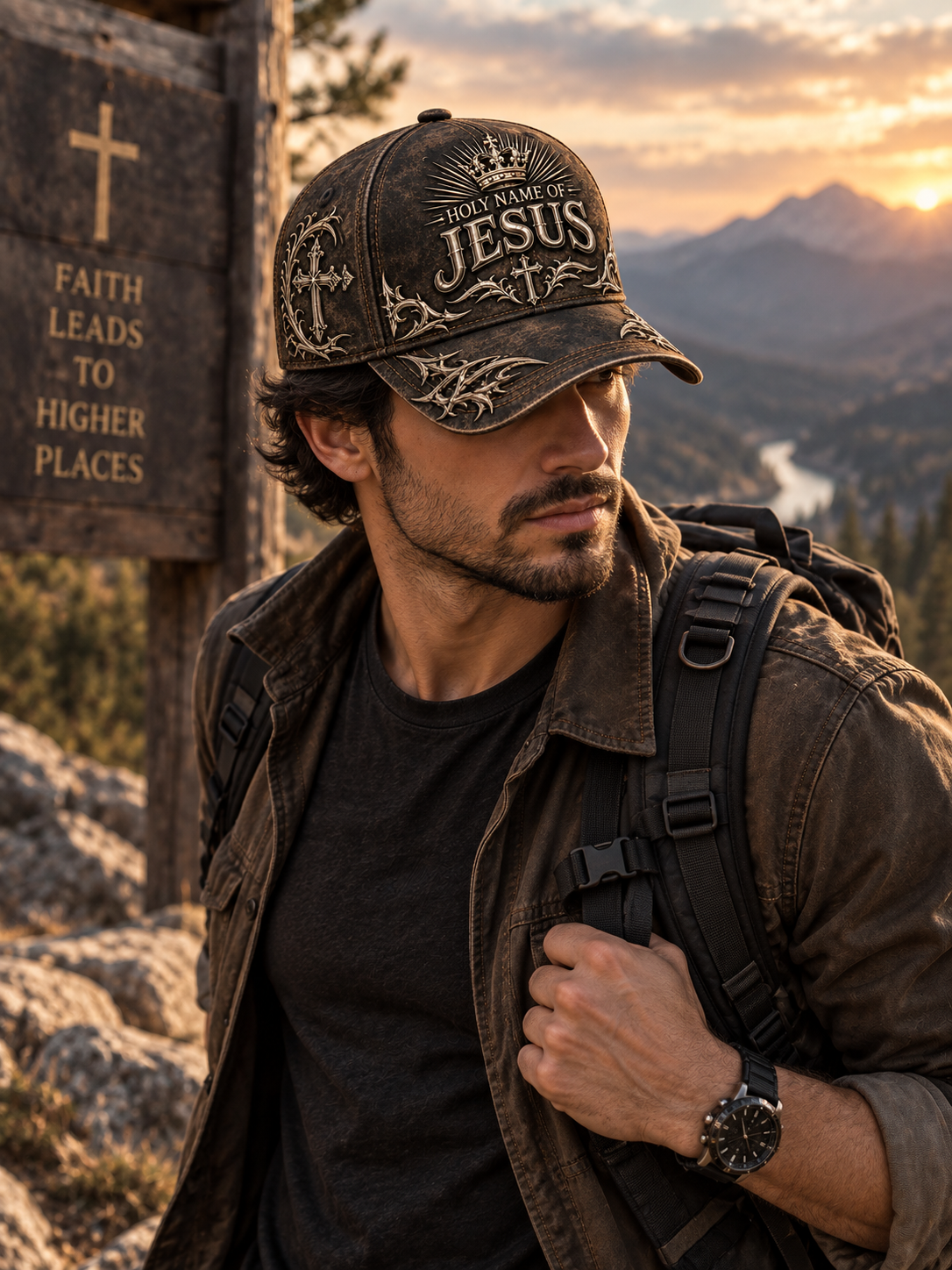 A distressed brown baseball cap featuring raised metallic-style embroidery that reads 'HOLY NAME OF JESUS' with a crown and ornate cross motifs on the front and brim, shown on a light gray studio background.
