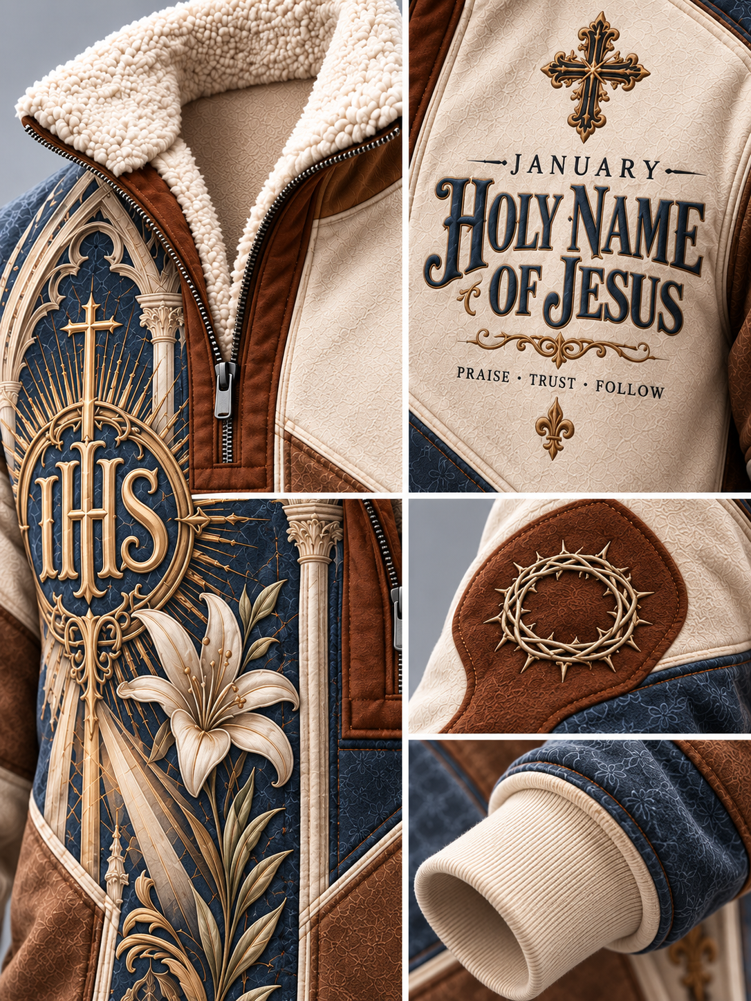 A collage showing close-up details of a hooded jacket with a sherpa-lined collar, blue and beige panels, ornate gold religious graphics including an IHS monogram, lily flower, crown of thorns, and 'January Holy Name of Jesus' text.