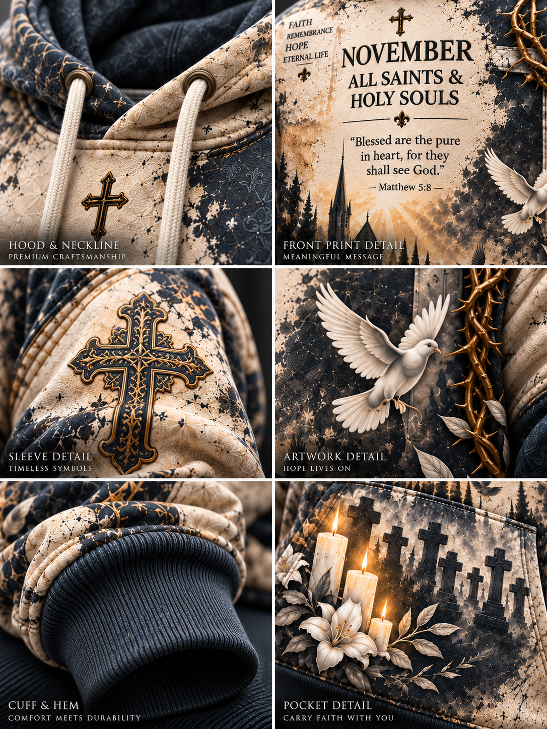 A six-panel collage showing close-up details of a hooded garment with a distressed dark-and-cream print. The panels include the hood with drawstrings and a cross, front print detail with inspirational text, sleeve detail with a large cross, artwork detail with a dove and thorns, cuff and hem comfort, and a pocket detail with candles and crosses.
