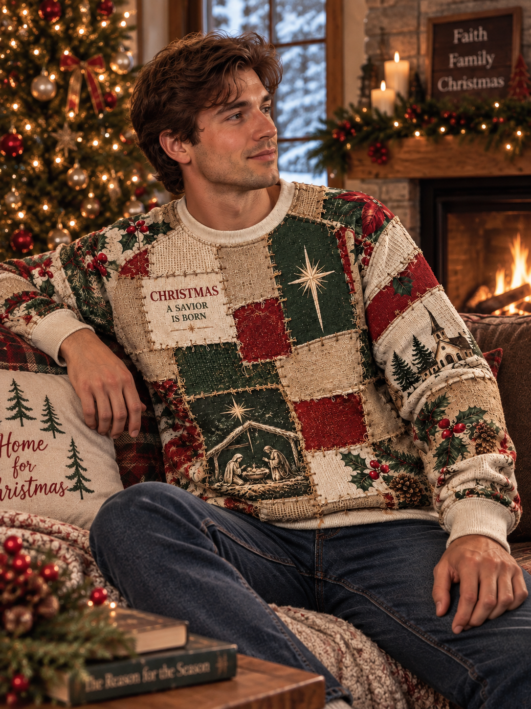 A man wearing a personalized Christmas patchwork sweater sits on a couch in a cozy living room with a fireplace and a decorated Christmas tree in the background. The sweater features various holiday-themed patches including a nativity scene, a star, holly, pine trees, and text that reads 'CHRISTMAS A SAVIOR IS BORN'.