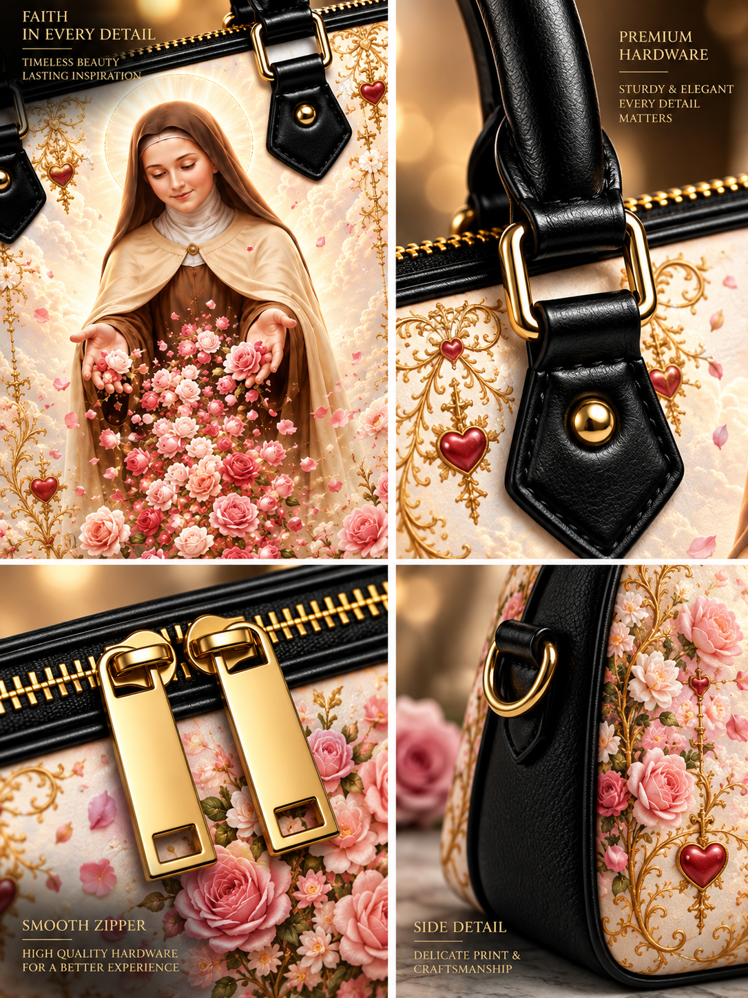 A luxury handbag shown in a four-panel collage with floral and baroque-style artwork. The bag has a cream background with pink roses, gold ornamental scrollwork, and black leather handles/trim with gold hardware.