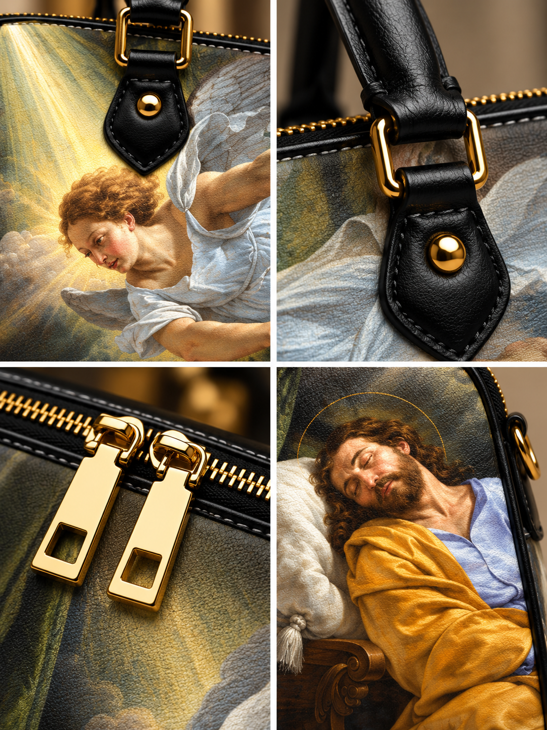 A four-panel close-up collage of a handbag featuring a classical religious painting print. The panels show the bag's black leather strap with gold hardware, the gold zipper pulls, and close-ups of the artwork depicting an angel and a sleeping figure in a golden robe.