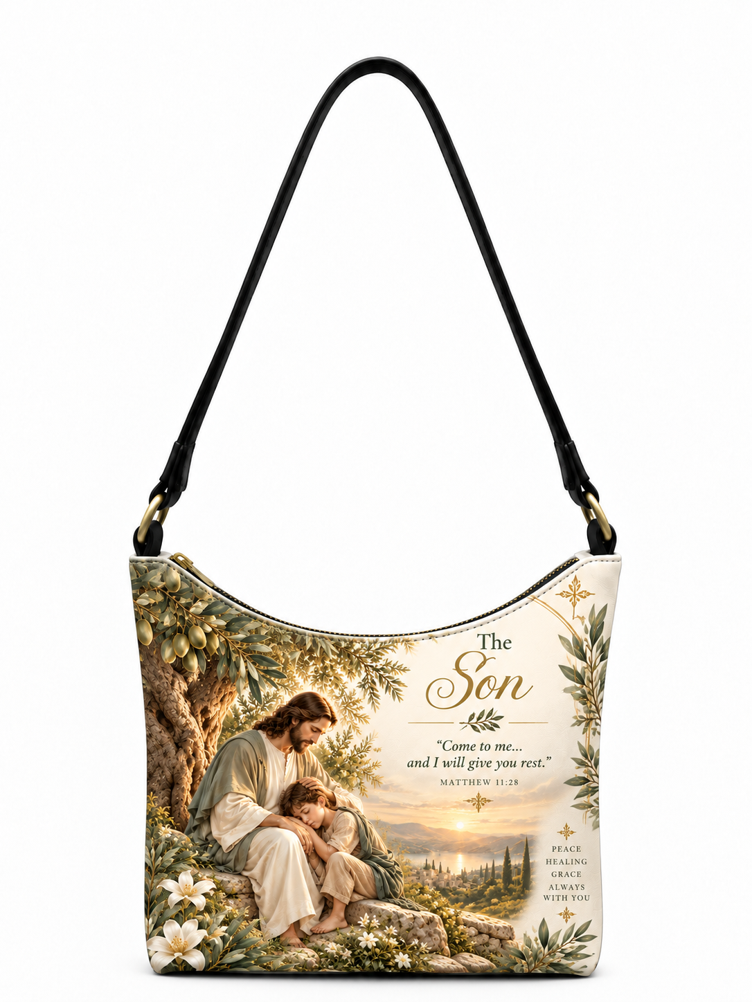 A shoulder bag featuring a printed religious illustration of Jesus sitting with a child, surrounded by olive branches and flowers, with the text 'The Son' and a Bible verse on the front. The bag has a black shoulder strap and gold-tone hardware, shown against a plain white background.