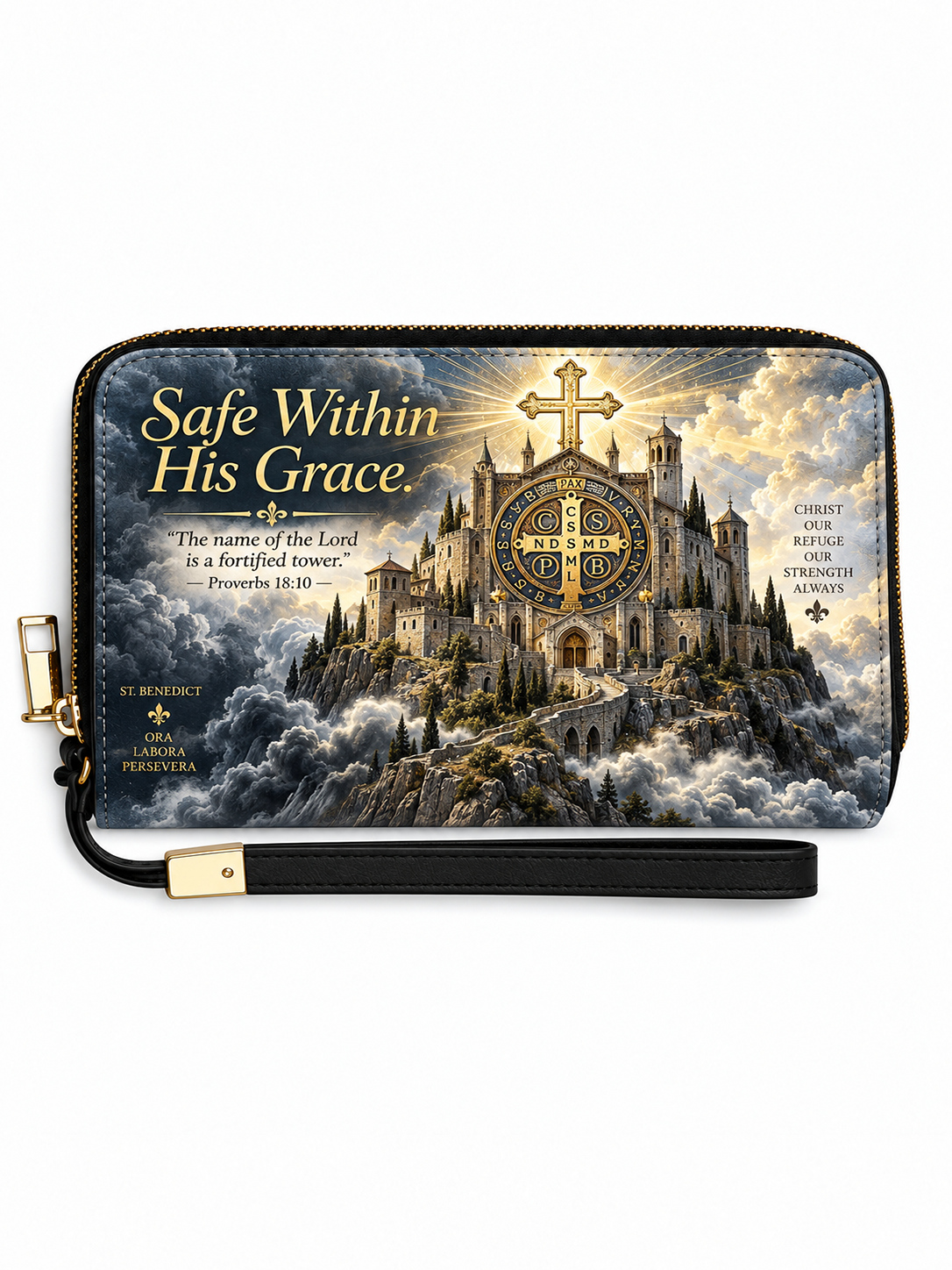 A zip-around wallet with a wrist strap, featuring a detailed graphic of a castle on a cliffside surrounded by dramatic clouds and a large golden cross. The text 'Safe Within His Grace' is printed on the front, along with scripture and decorative gold accents.