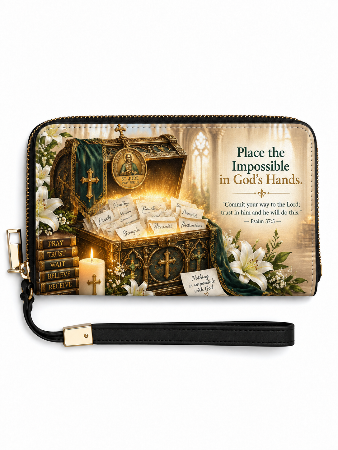 A zip-around wallet with a wrist strap, featuring a printed graphic of an open ornate chest filled with Bible verses, candles, flowers, and books, alongside the text 'Place the Impossible in God's Hands.' and a Bible verse from Psalm 34:14.