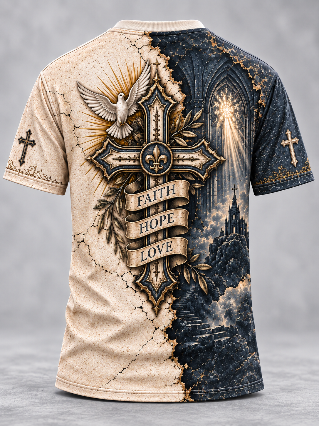 A short-sleeve crewneck t-shirt shown from the back, featuring a highly detailed split-design graphic. The left side is a textured beige cracked plaster with a white dove and gold cross, while the right side is a dark navy blue gothic cathedral scene with a glowing light and a cross.