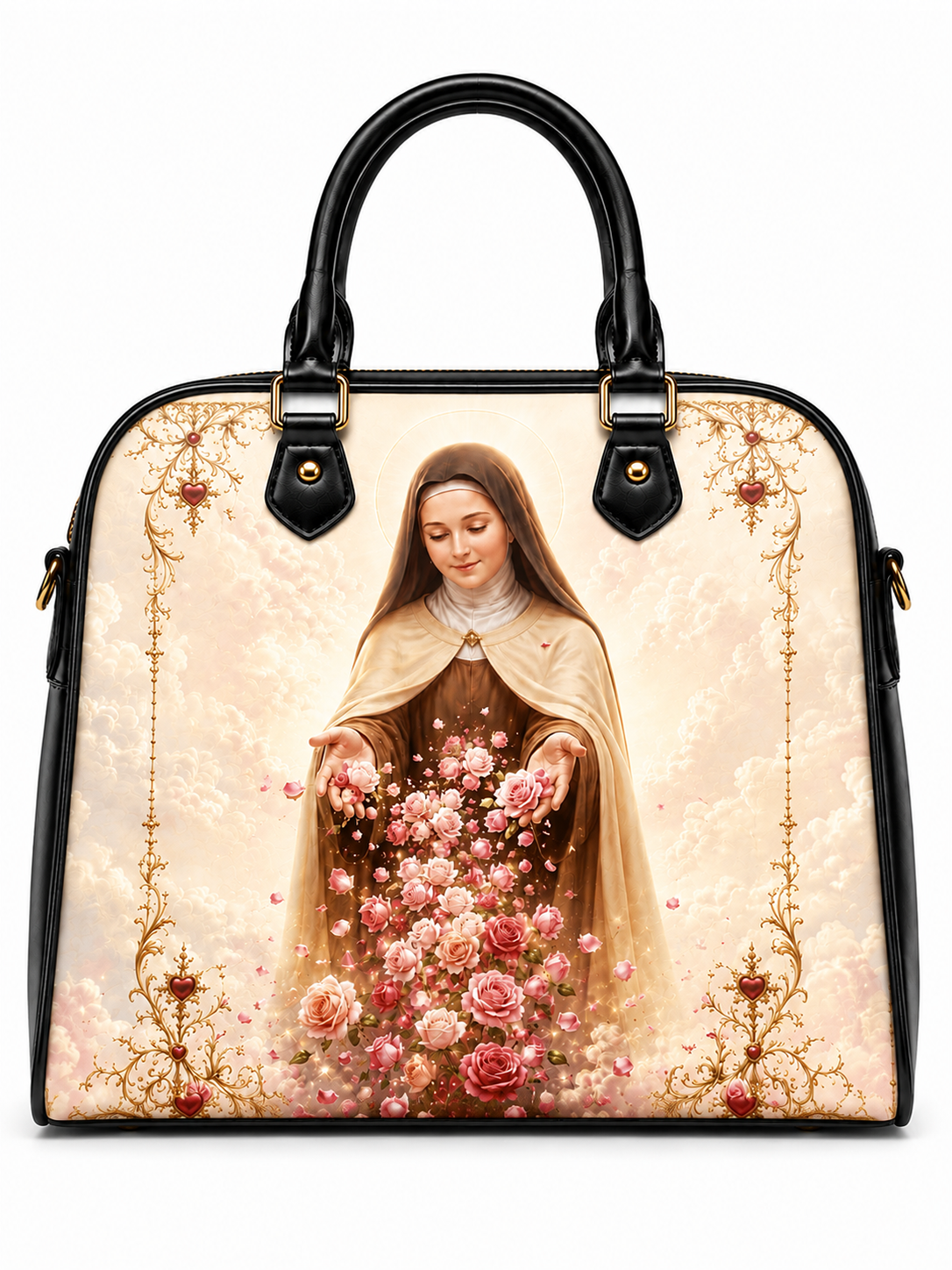 A structured black handbag with a large printed religious artwork on the front, showing a robed woman surrounded by pink and red flowers, with ornate gold decorative borders. The bag has black handles and gold-tone hardware, photographed on a plain white background.