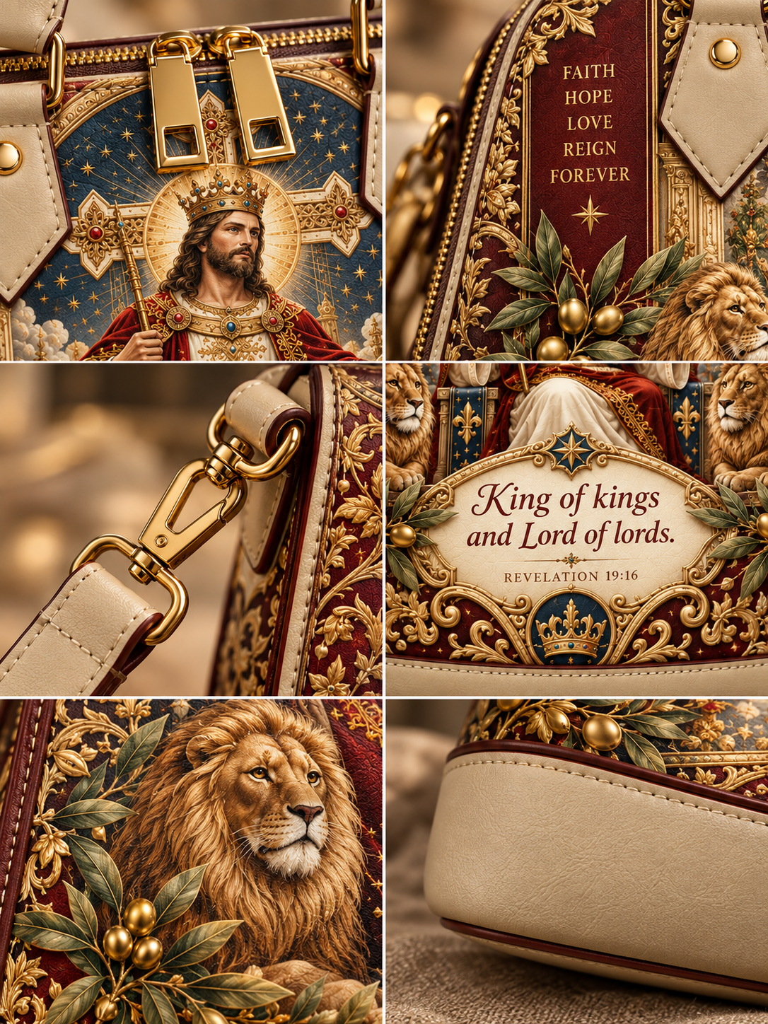 A luxury handbag shown in a six-panel collage, featuring an ornate royal illustration with a crowned king, gold hardware, a lion print, green foliage, and text including 'FAITH HOPE LOVE REIGN FOREVER' and 'King of kings and Lord of lords.'.