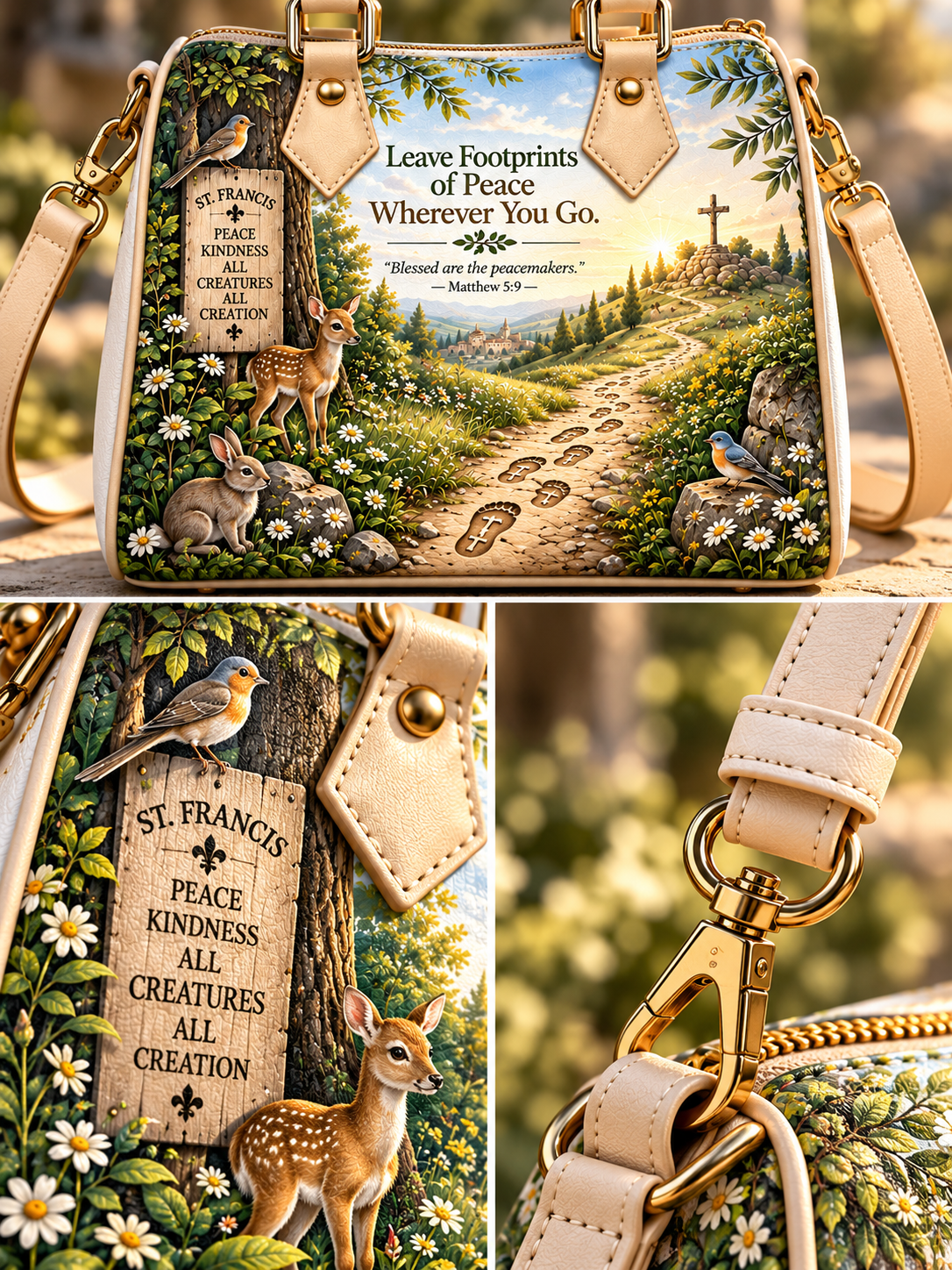 A decorative shoulder bag shown in a three-panel collage. The main panel shows the full bag with a cream leather strap and gold-tone hardware, printed with a scenic woodland design featuring a deer, rabbit, bird, flowers, a cross, and a sign reading 'St.