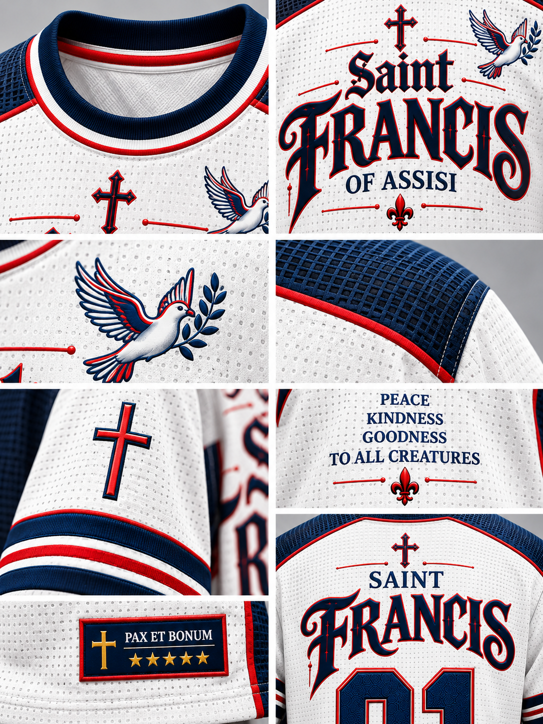 A collage of close-up views of a white hockey-style jersey with navy and red trim, featuring a dove with an olive branch, a cross, the text 'Saint Francis of Assisi,' and a patch reading 'Pax et Bonum.'.
