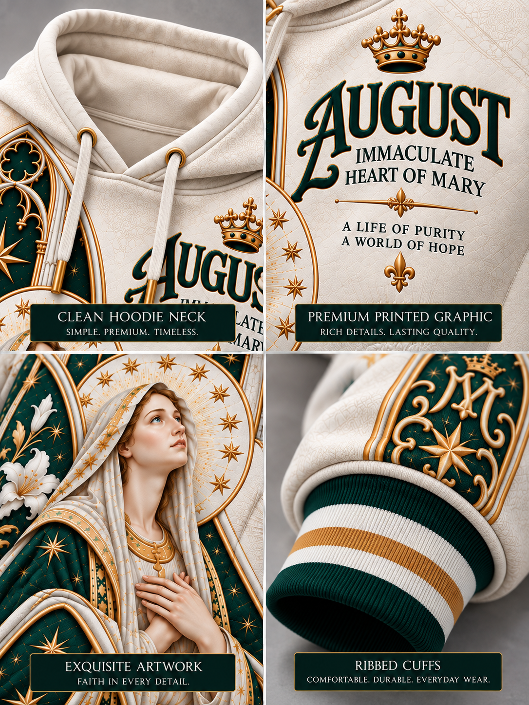 Four-panel close-up collage of a cream hoodie with a large printed religious graphic featuring the name August, crown, fleur-de-lis, and a robed figure. Text overlays highlight the clean hood neck, premium printed graphic, exquisite artwork, and ribbed cuffs.