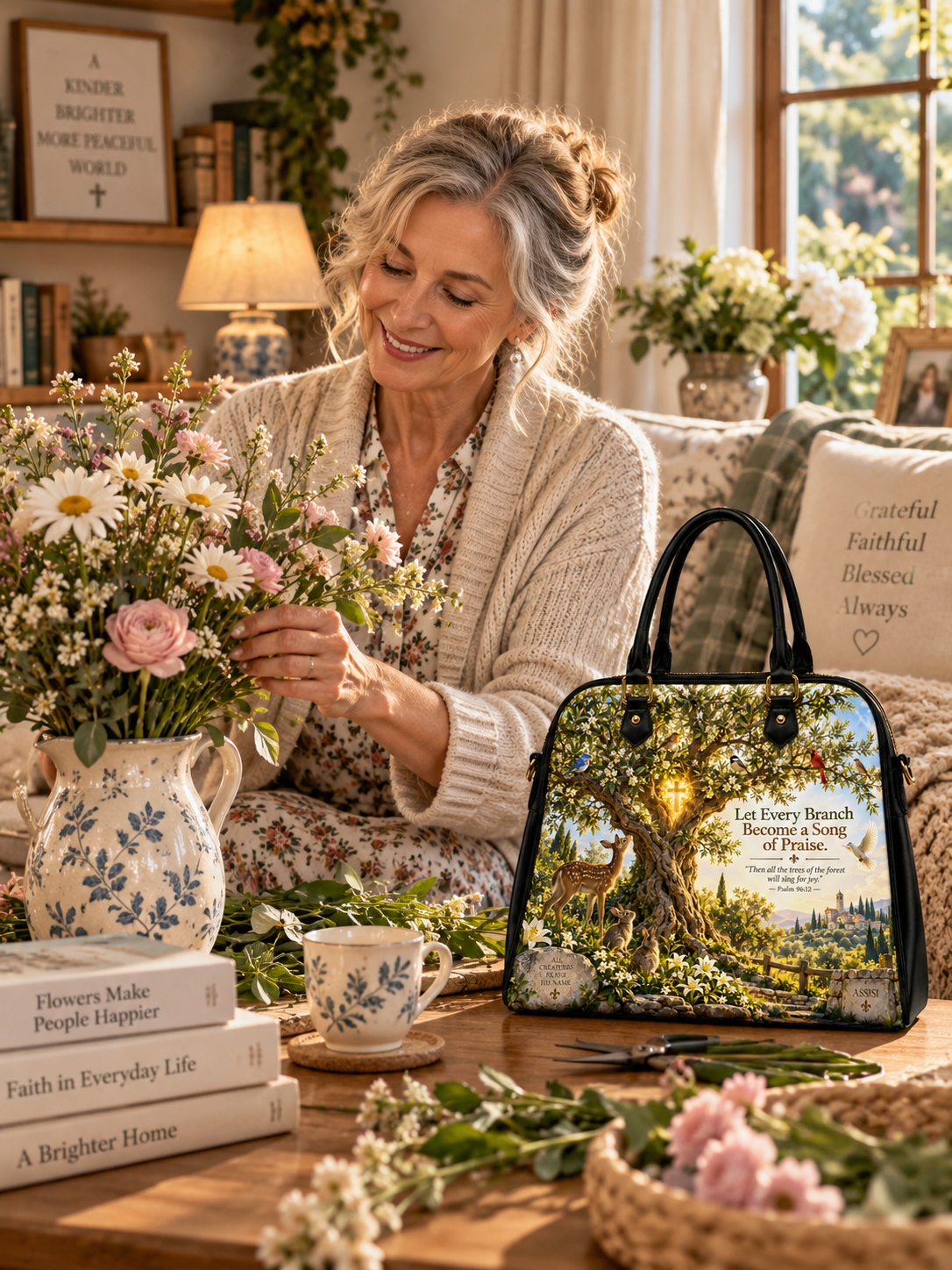 A woman in a cozy living room setting smiles while arranging flowers at a wooden table, with a personalized tote bag featuring a tree illustration and inspirational quote placed beside her.