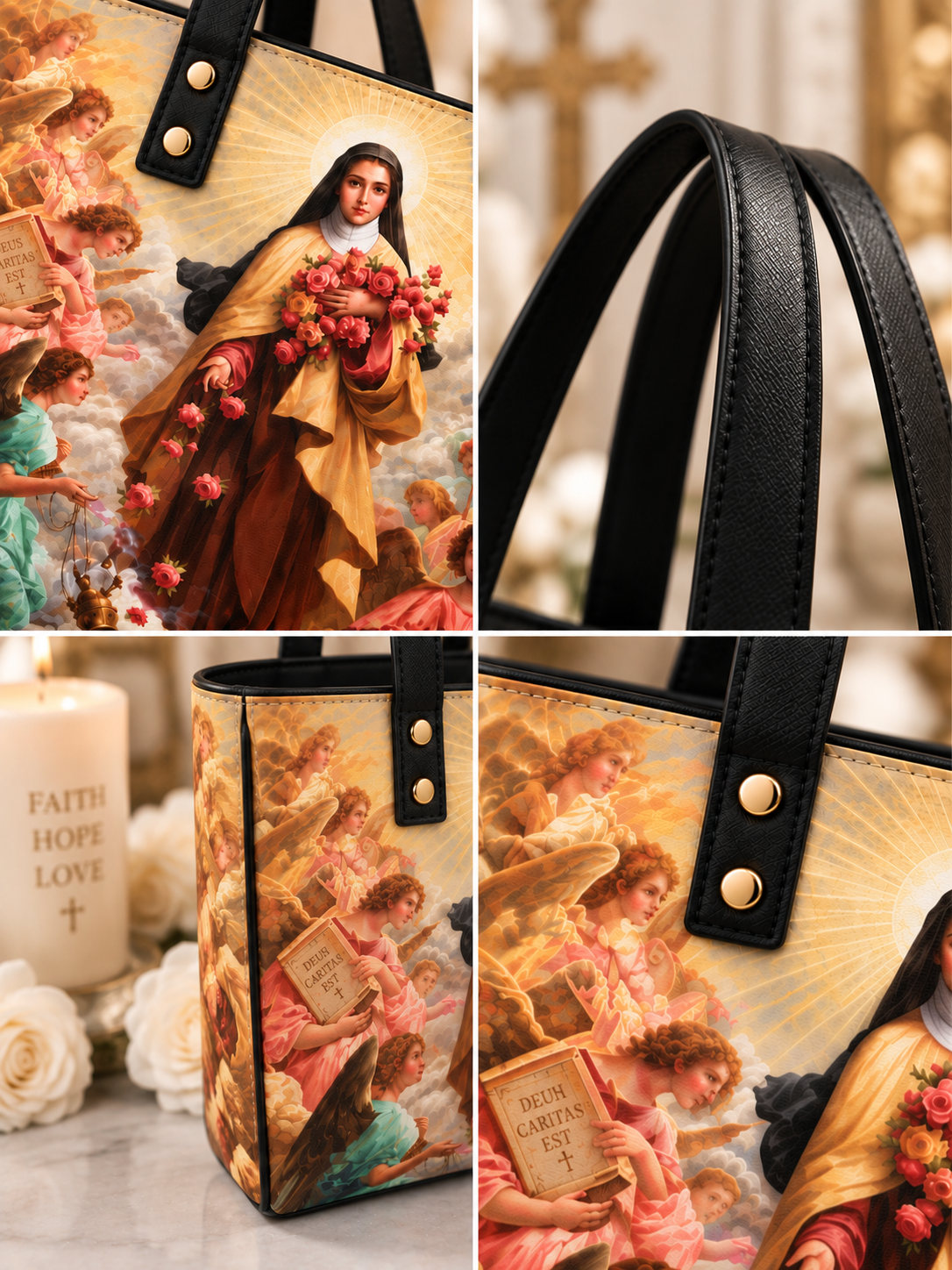 A tote bag with a detailed religious art print featuring saints and angels, shown in a four-panel collage with close-ups of the black leather handles and gold-tone hardware.