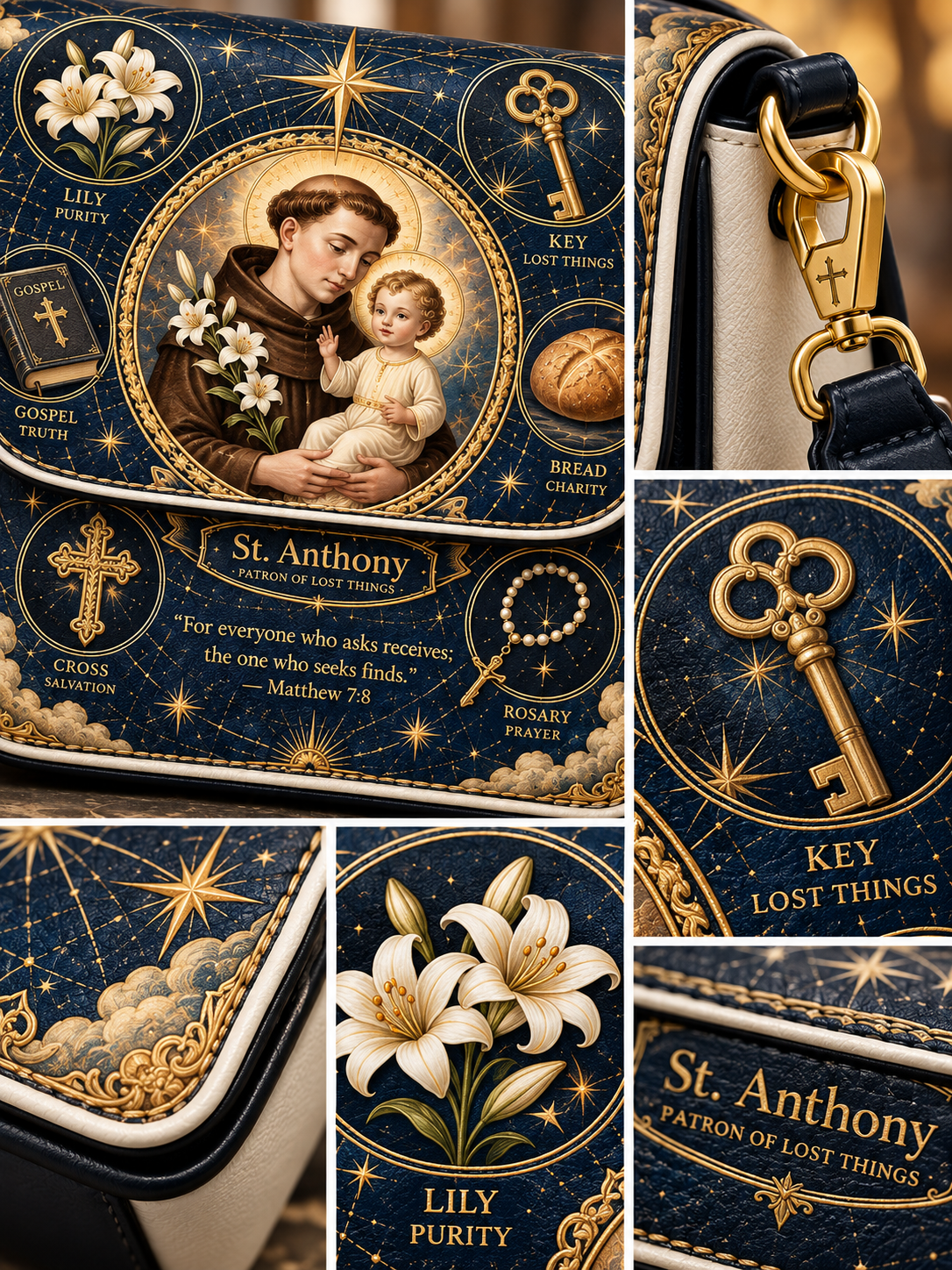A collage of close-up views of a decorative crossbody bag with a dark navy blue and gold religious design featuring St. Anthony, lily of the valley flowers, keys, and scripture.