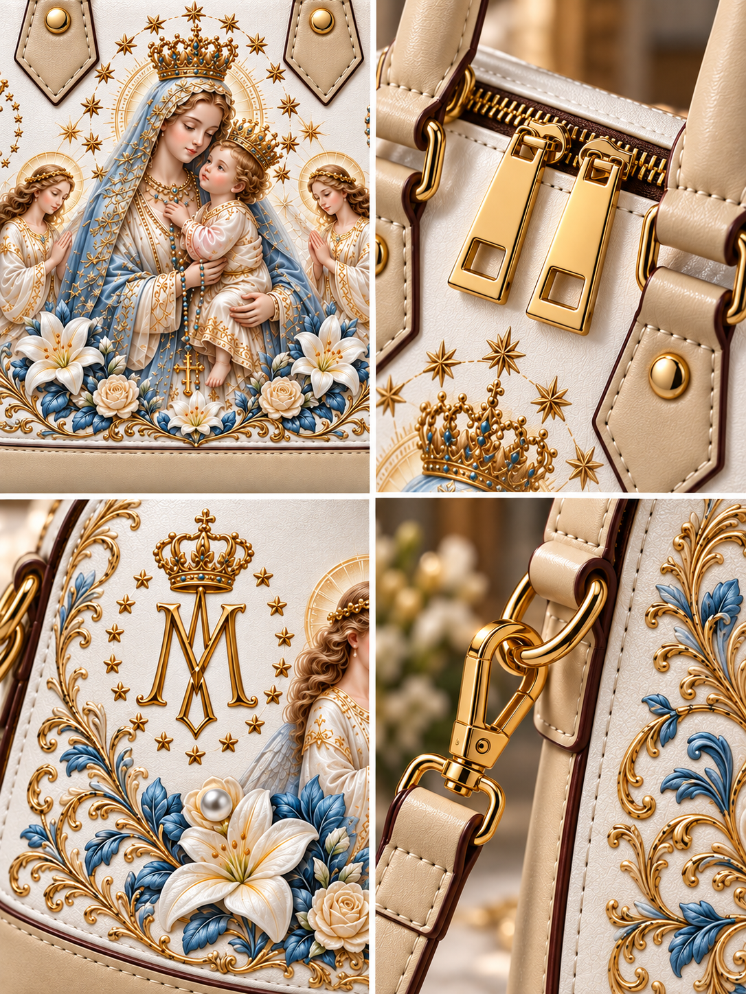 A luxury handbag shown in a four-panel collage, featuring a cream-colored leather body with intricate gold and blue baroque-style embroidery, gold hardware, and a religious illustration of the Virgin Mary holding the child Jesus on the front.