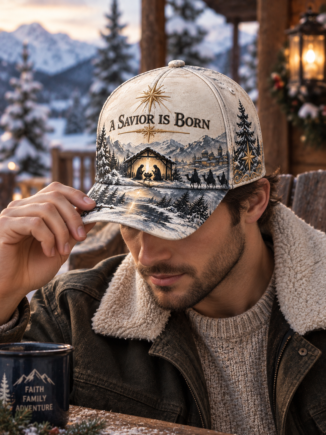 A man wearing a beige baseball cap with a nativity scene and the text 'A SAVIOR IS BORN' in a rustic cabin setting with snowy mountains in the background.