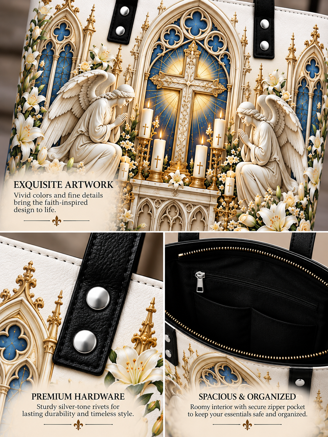 A close-up collage of a tote bag featuring ornate religious artwork with angels, a glowing cross, candles, and floral details. Text callouts mention exquisite artwork, premium hardware, and spacious organization.