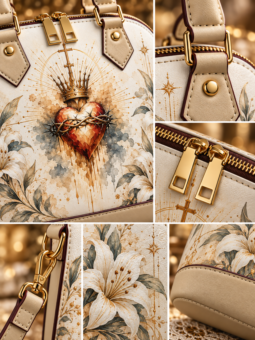 A collage of close-up views of a structured handbag with a cream and beige floral print, featuring a central red heart with a gold crown and thorn design, gold-tone hardware, and a warm golden background.