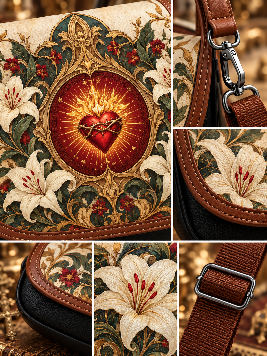 Collage of close-up views showing a decorative shoulder bag with an ornate floral and heart motif. The bag has a cream background with large white lilies, red floral accents, a central red heart with gold rays, brown leather trim, and a brown webbed strap with metal hardware.