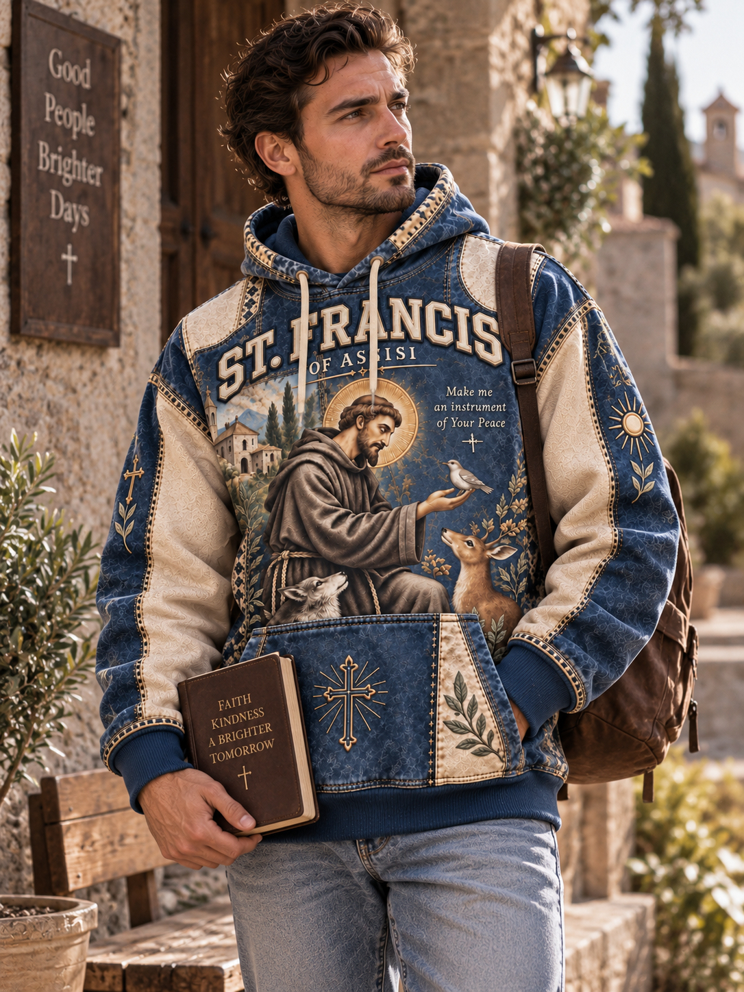 A hooded sweatshirt with a detailed graphic print of St. Francis of Assisi, styled to look like a patchwork quilt made of blue denim and beige fabric panels.