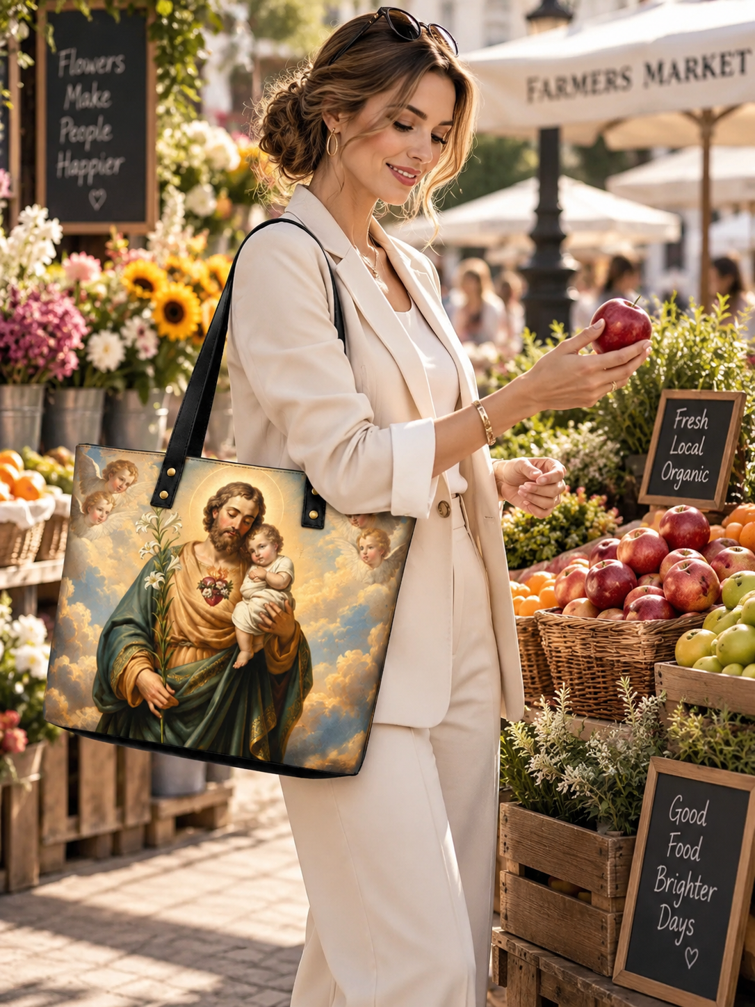 A large tote bag featuring a printed religious painting of Jesus holding the infant Christ, with angels and clouds in the background, black shoulder straps, and gold-tone hardware.