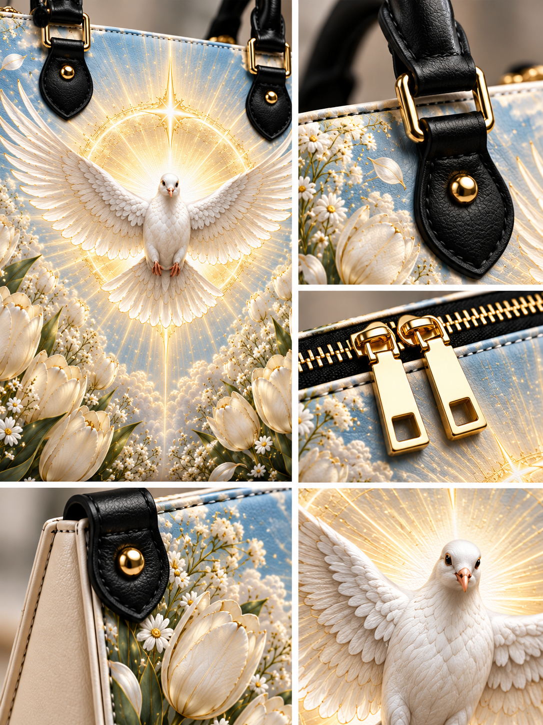 A collage of close-up views of a handbag featuring a light blue floral background with a glowing white dove and gold-toned hardware. The bag includes black leather handle tabs with gold rivets and zipper pulls.