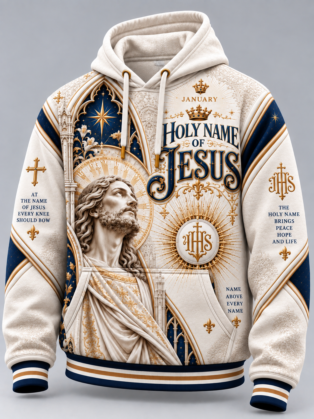 A hooded sweatshirt with a large religious graphic print featuring a robed figure, ornate arch details, and the text 'Holy Name of Jesus' in navy and gold on an off-white background.