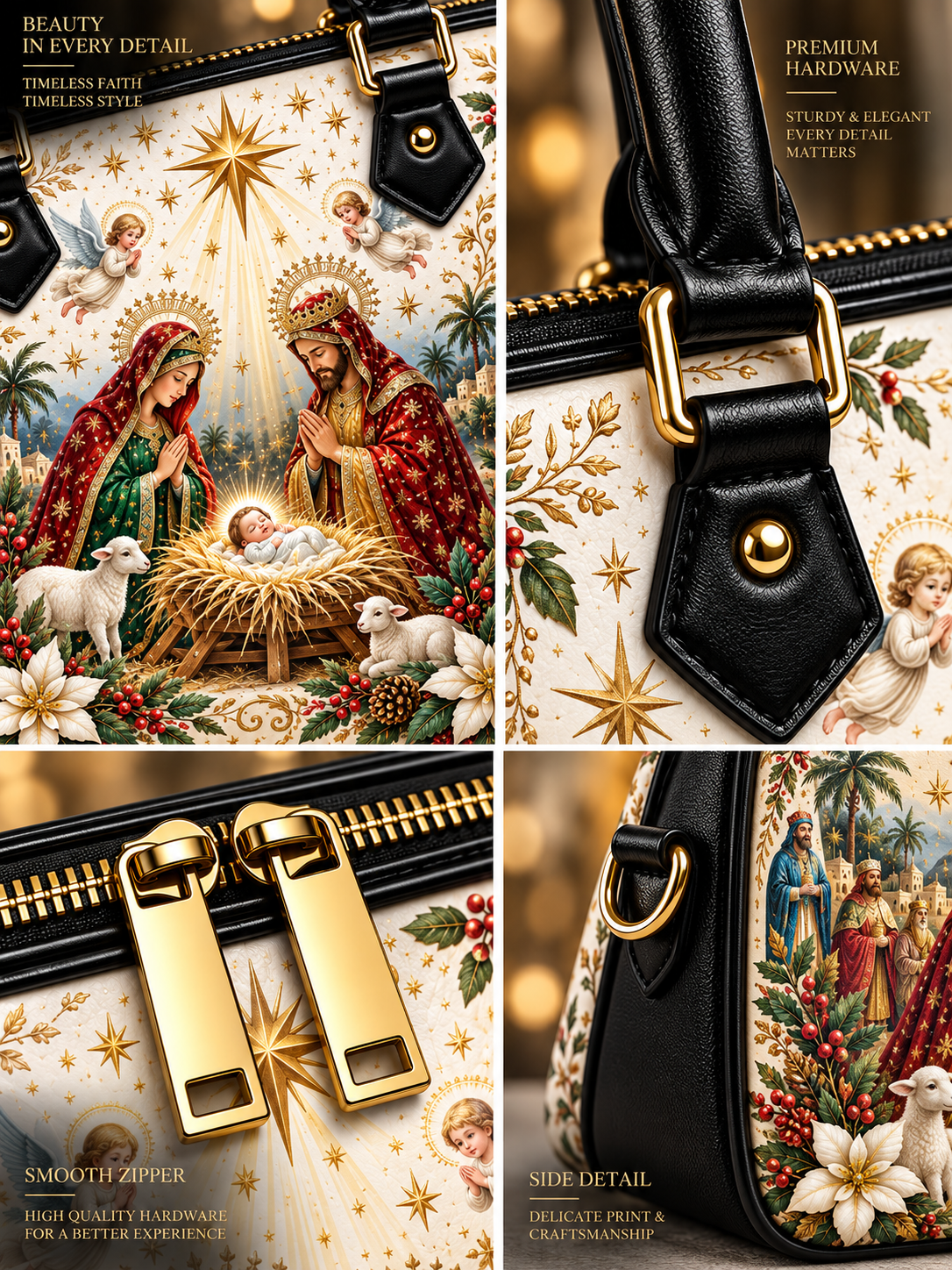 A four-panel collage showing a handbag with a Christmas nativity print, black leather trim, and gold hardware. The panels highlight the front design, zipper detail, side detail, and texture, with marketing text such as 'PREMIUM HARDWARE' and 'SMOOTH ZIPPER'.