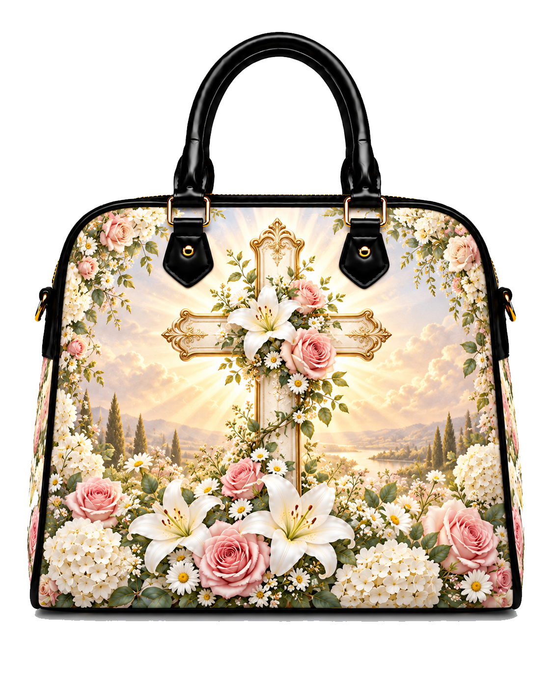 A structured handbag with black leather handles and gold-tone hardware, featuring a printed design of a golden cross surrounded by pink roses, white lilies, and daisies over a scenic landscape.