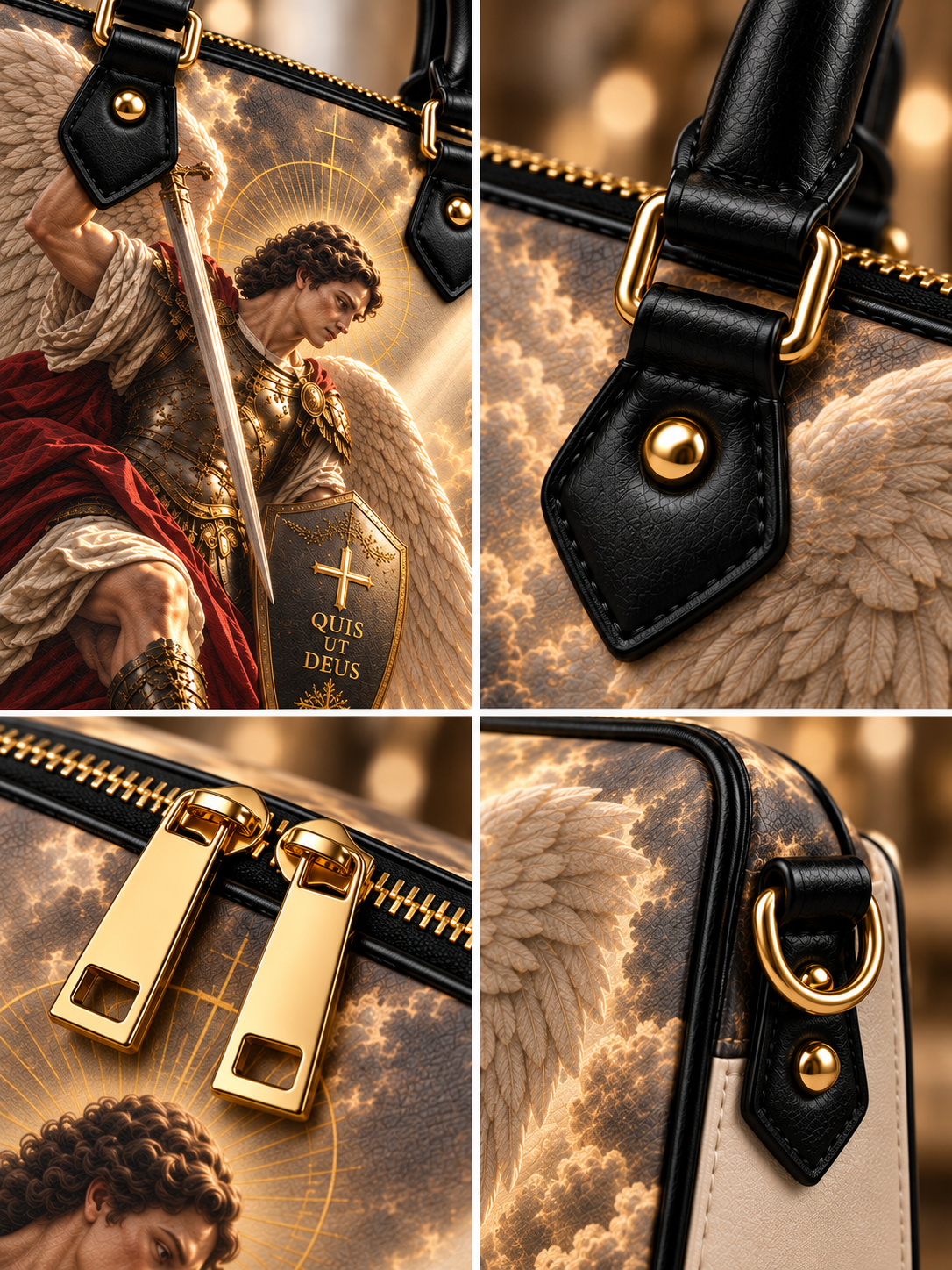 A luxury handbag shown in a four-panel collage, featuring a printed design of a winged saint or angel with a sword and shield, black leather handles and trim, gold-tone hardware, and a feathered pattern on the side.