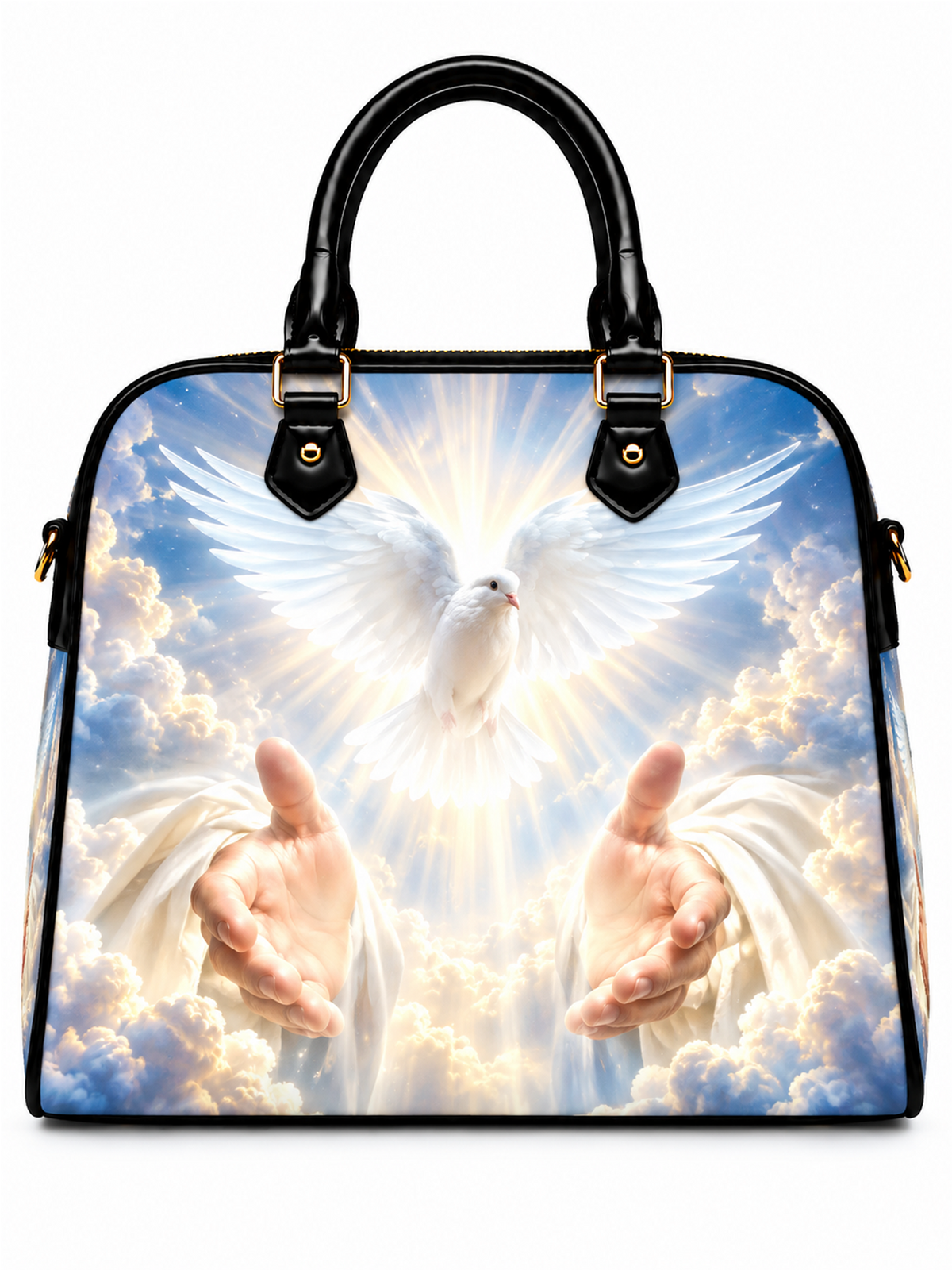 A structured handbag with black leather handles and trim, featuring a large printed graphic of a white dove with outstretched hands amidst bright clouds and light rays.