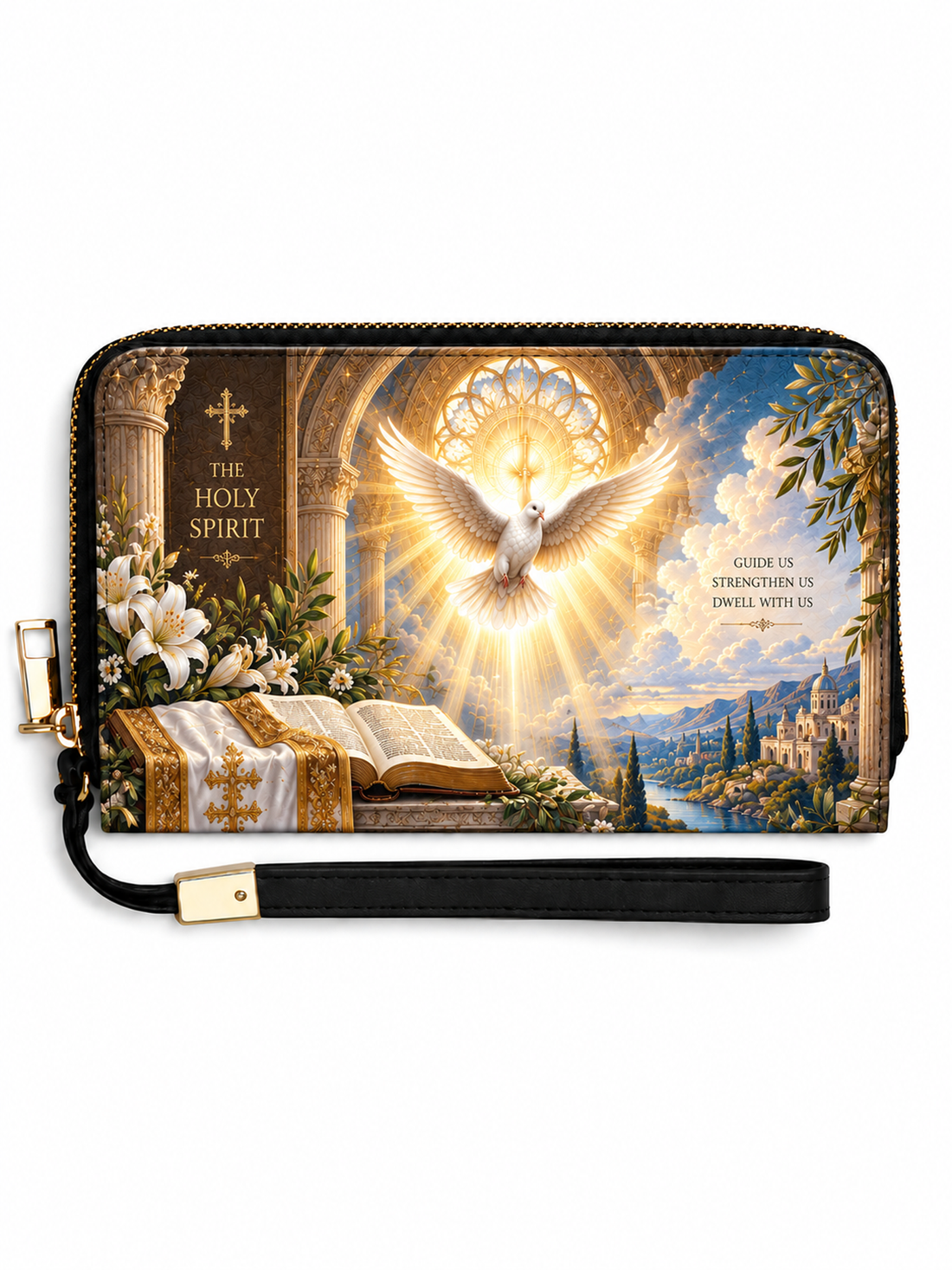 A zip-around wristlet clutch with a black wrist strap and gold-tone hardware, featuring a detailed religious print of a white dove, radiant light, an open Bible, flowers, columns, and a scenic landscape. The text 'THE HOLY SPIRIT' and 'GUIDE US STRONGER US ENGLAND WITH US' are printed on the design.