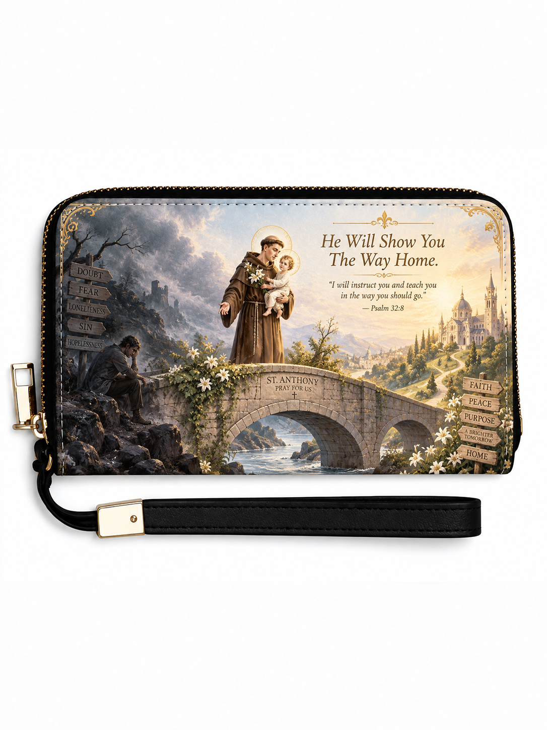 A zip-around wristlet wallet featuring a detailed religious illustration of Saint Anthony on a stone bridge with a shepherd and a child, accompanied by a Bible verse from Psalm 23:1-8. The wallet has a black wrist strap with gold-tone hardware and is shown on a plain white background.