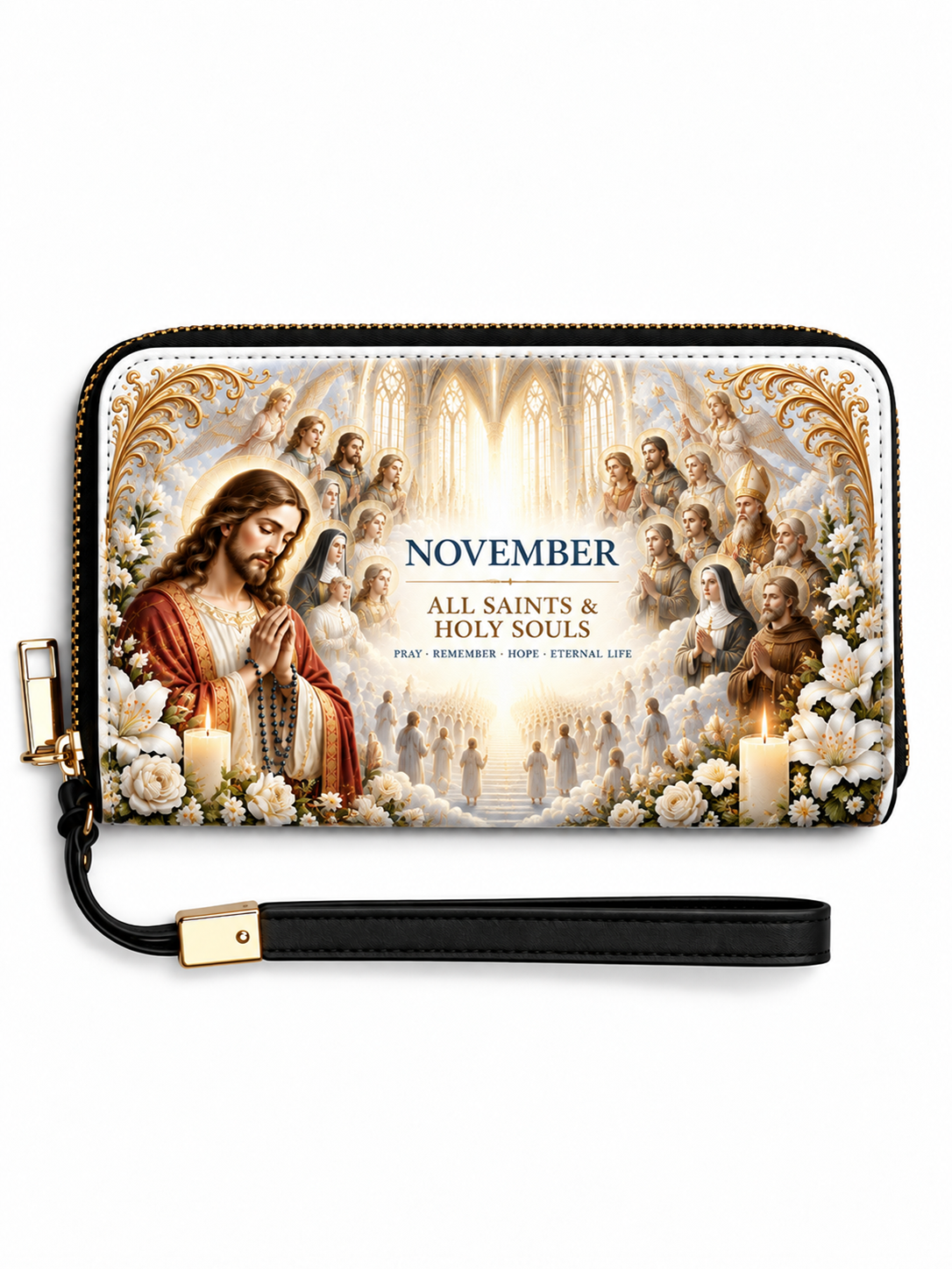 A zip-around wristlet wallet with a black wrist strap and gold-tone hardware, featuring a religious print of Jesus and saints with the text 'NOVEMBER ALL SAINTS & HOLY SOULS' on a white background.
