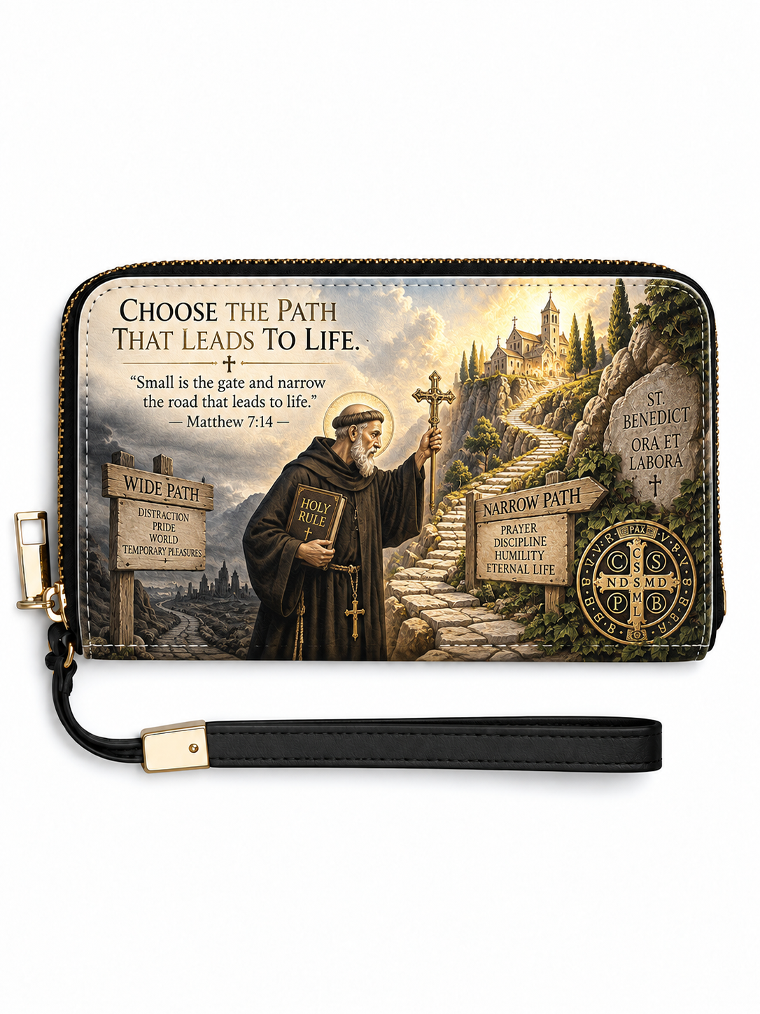 A zip-around wallet with a black wrist strap, featuring a printed illustration of a Franciscan monk standing at a stone path with signs reading 'Wide Path' and 'Narrow Path,' plus the quote 'Choose the path that leads to life.' The wallet is shown on a plain white background.