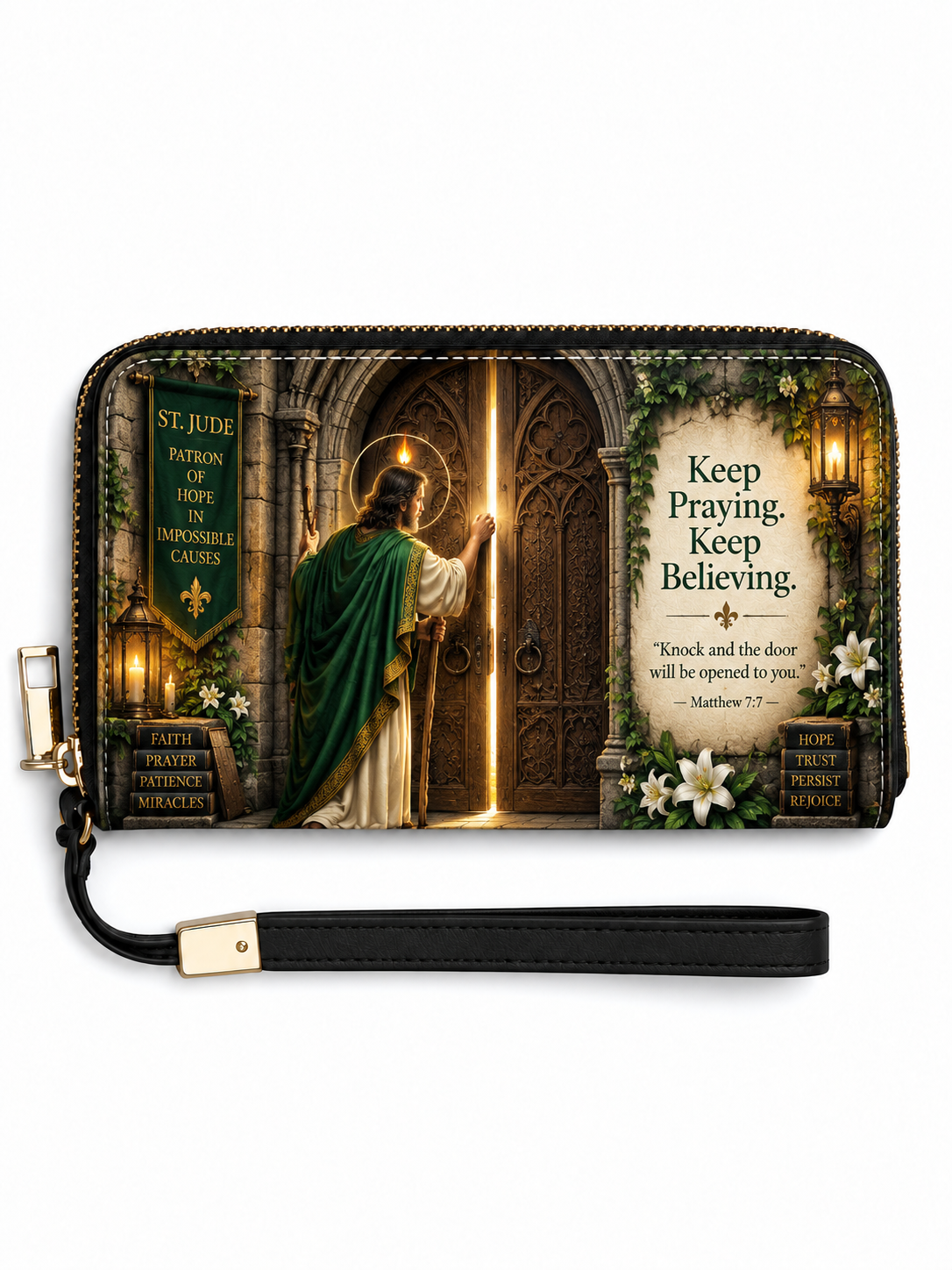 A zip-around wallet with a wrist strap, featuring a printed religious design of Saint Jude Thaddeus opening a golden door, with the text 'ST. JUDGE PATRON OF HOPE IMPOSSIBLE CAUSES' and 'Keep Praying.