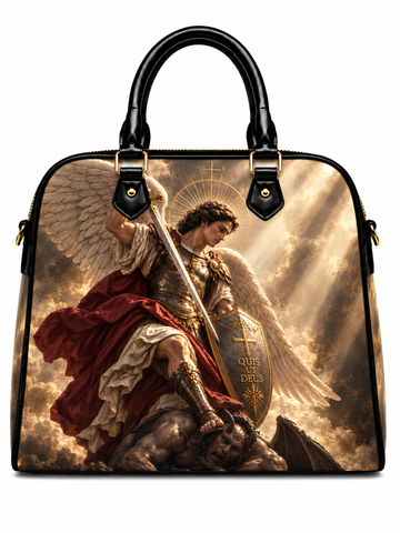 A structured handbag with black leather handles and trim, featuring a large printed graphic of a winged angel in armor with a red drape and shield on a dramatic golden cloud background.